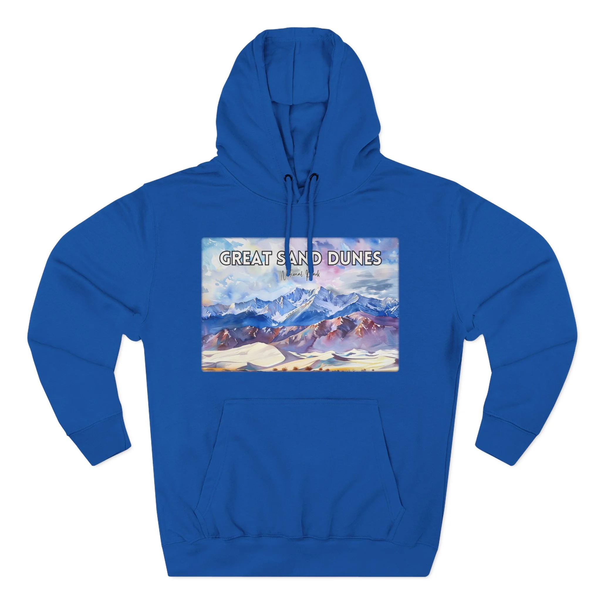 Great Sand Dunes Hoodie – Pastel Watercolor Pullover Sweatshirt with Desert Landscape and Mountain Art