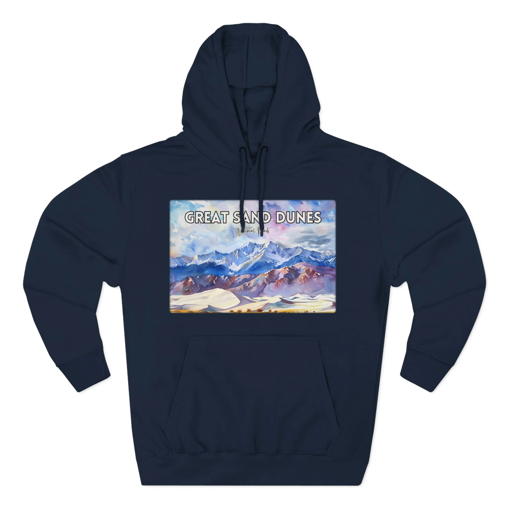 Great Sand Dunes Hoodie – Pastel Watercolor Pullover Sweatshirt with Desert Landscape and Mountain Art
