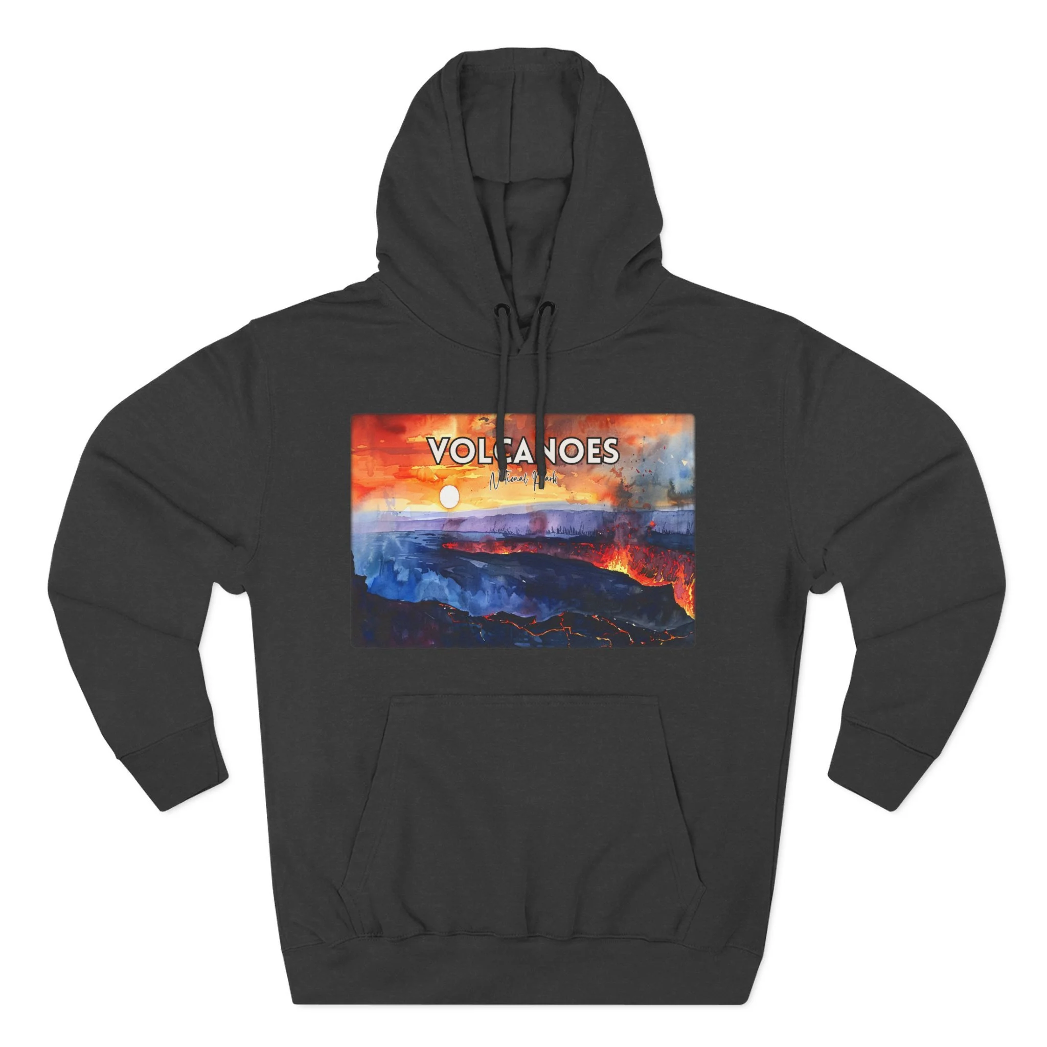 Volcanoes National Park Hoodie – Sunset Watercolor Pullover Sweatshirt with Lava and Landscape Art