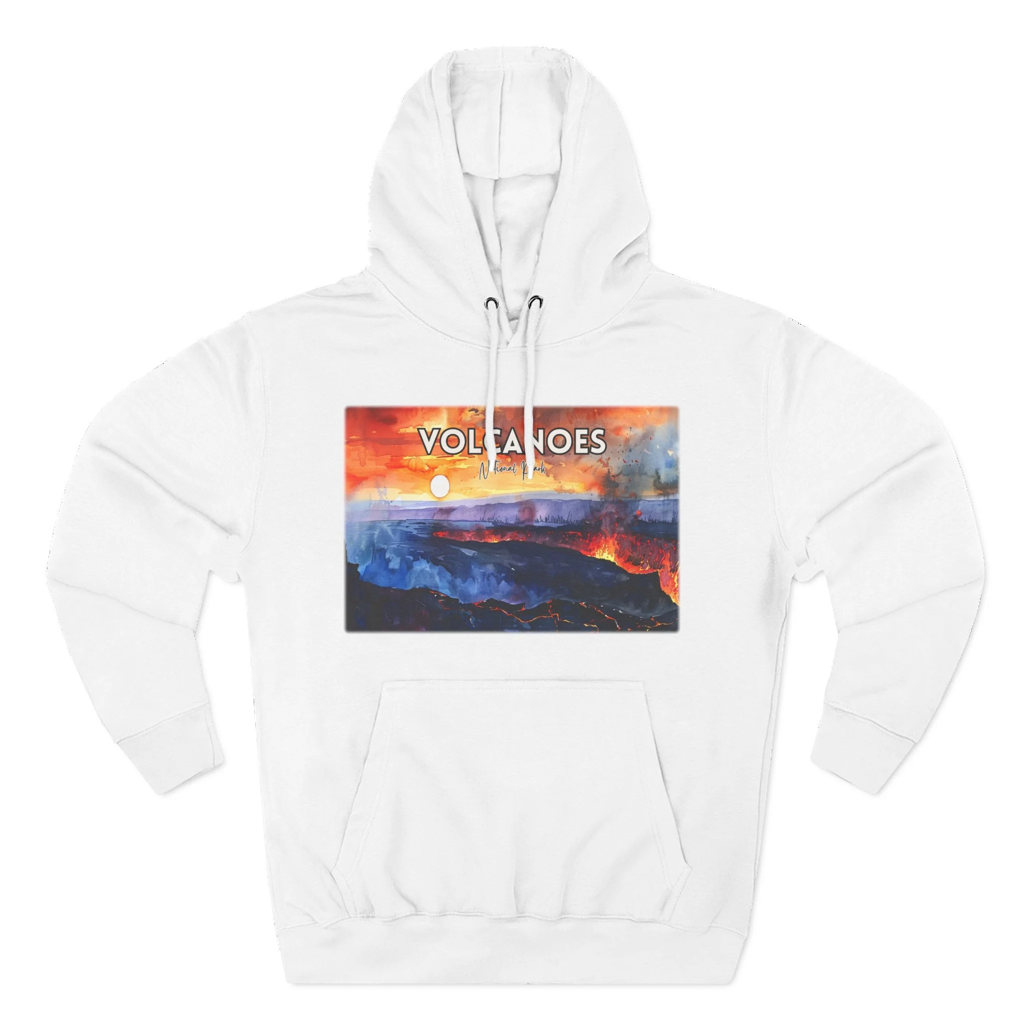 Volcanoes National Park Hoodie – Sunset Watercolor Pullover Sweatshirt with Lava and Landscape Art