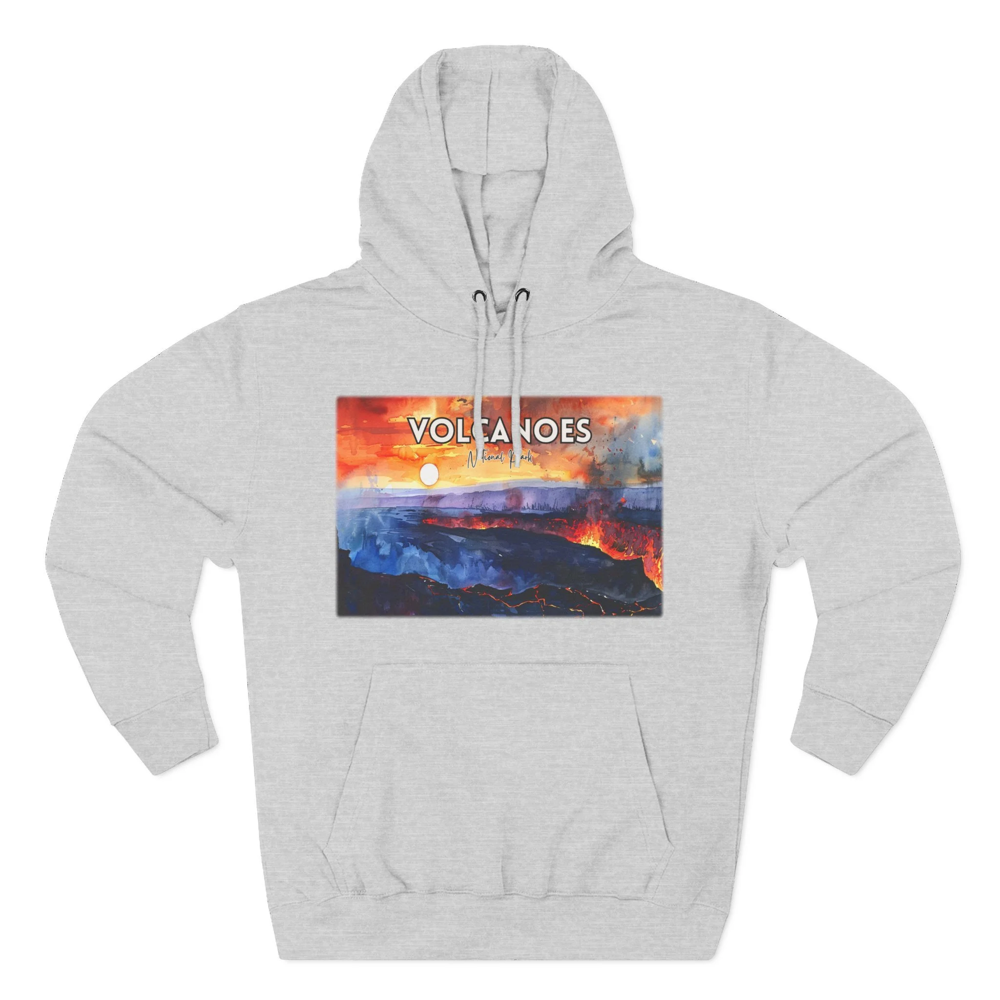 Volcanoes National Park Hoodie – Sunset Watercolor Pullover Sweatshirt with Lava and Landscape Art