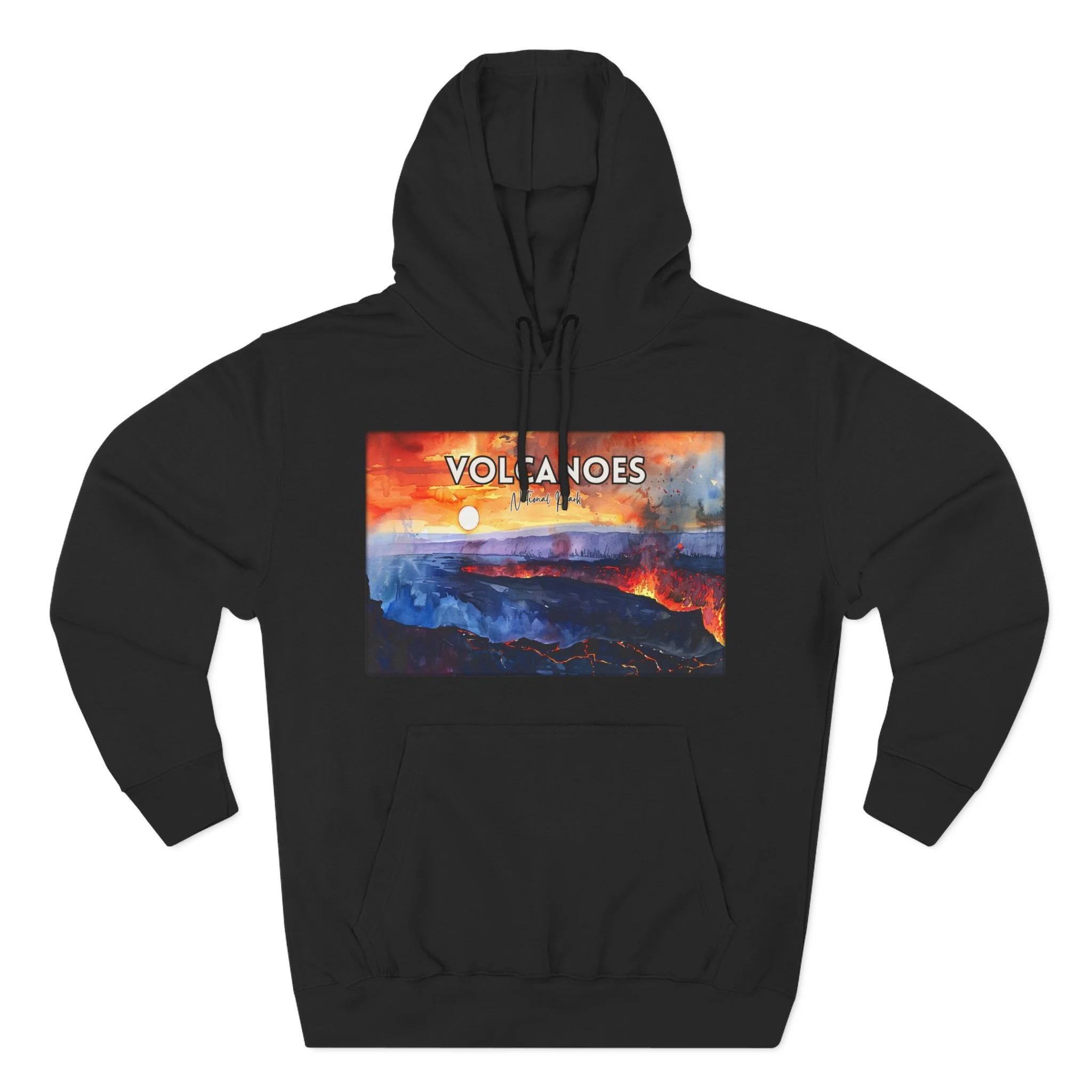 Volcanoes National Park Hoodie – Sunset Watercolor Pullover Sweatshirt with Lava and Landscape Art
