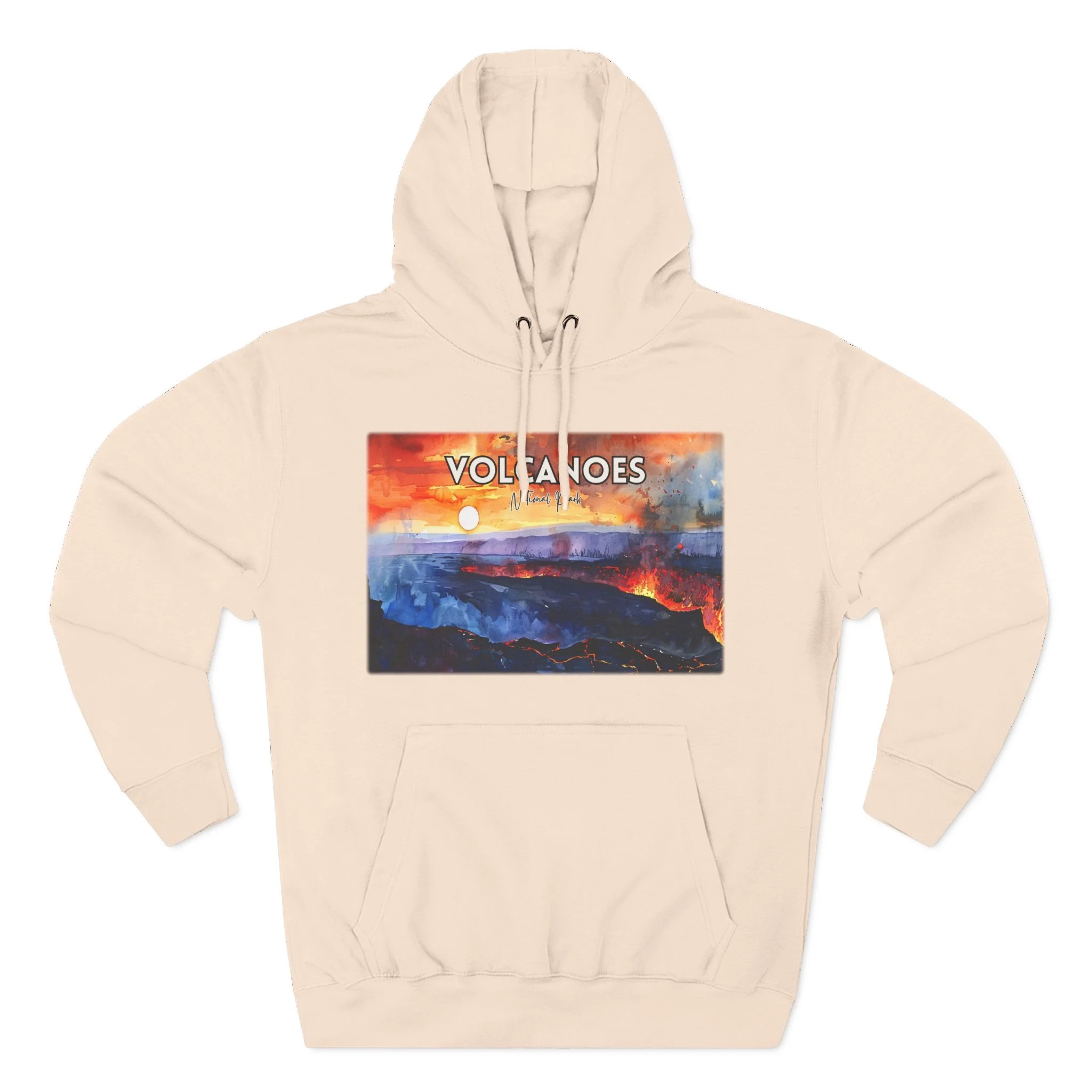 Volcanoes National Park Hoodie – Sunset Watercolor Pullover Sweatshirt with Lava and Landscape Art