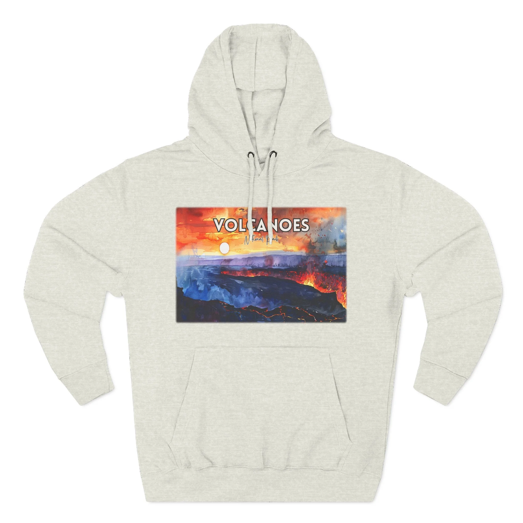 Volcanoes National Park Hoodie – Sunset Watercolor Pullover Sweatshirt with Lava and Landscape Art