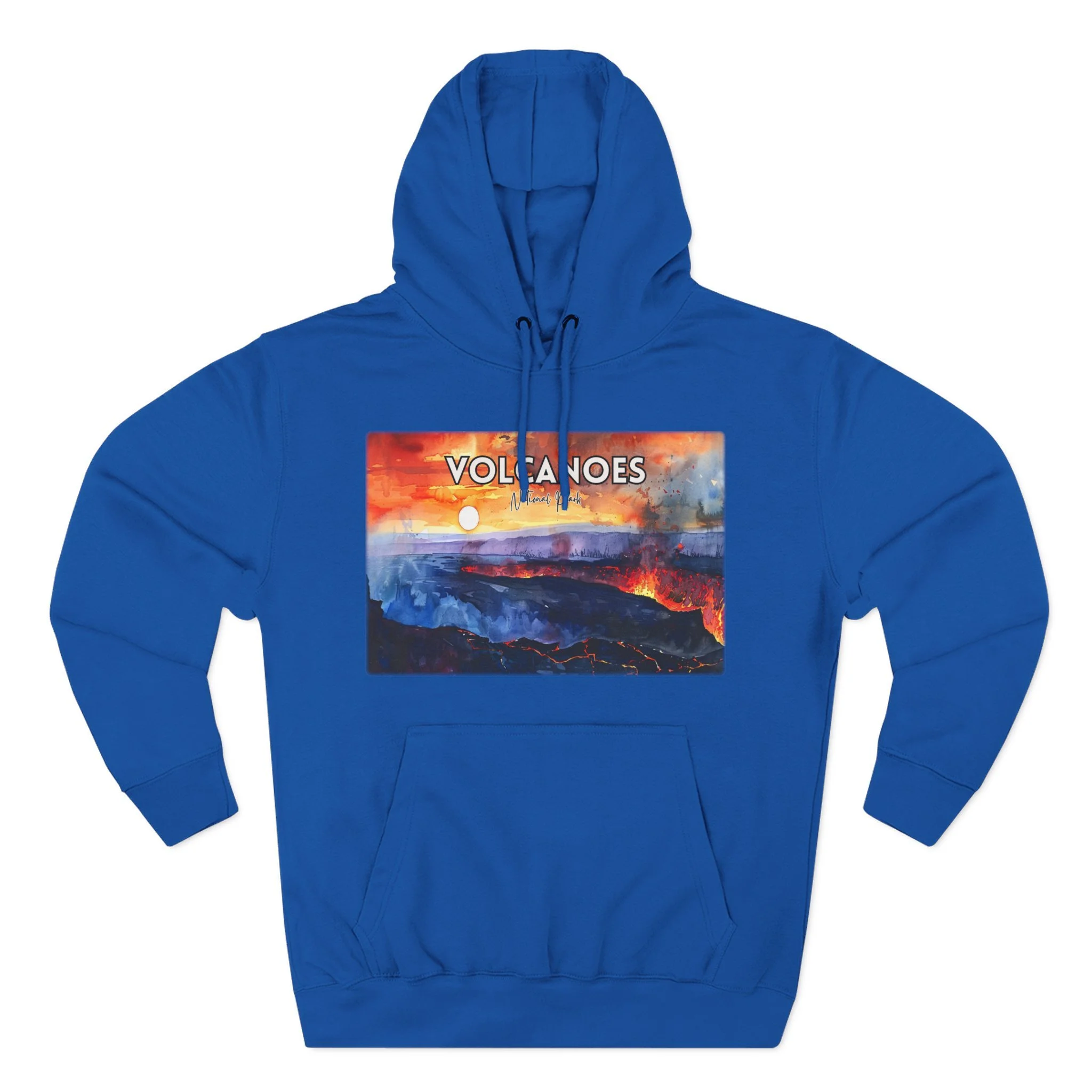 Volcanoes National Park Hoodie – Sunset Watercolor Pullover Sweatshirt with Lava and Landscape Art