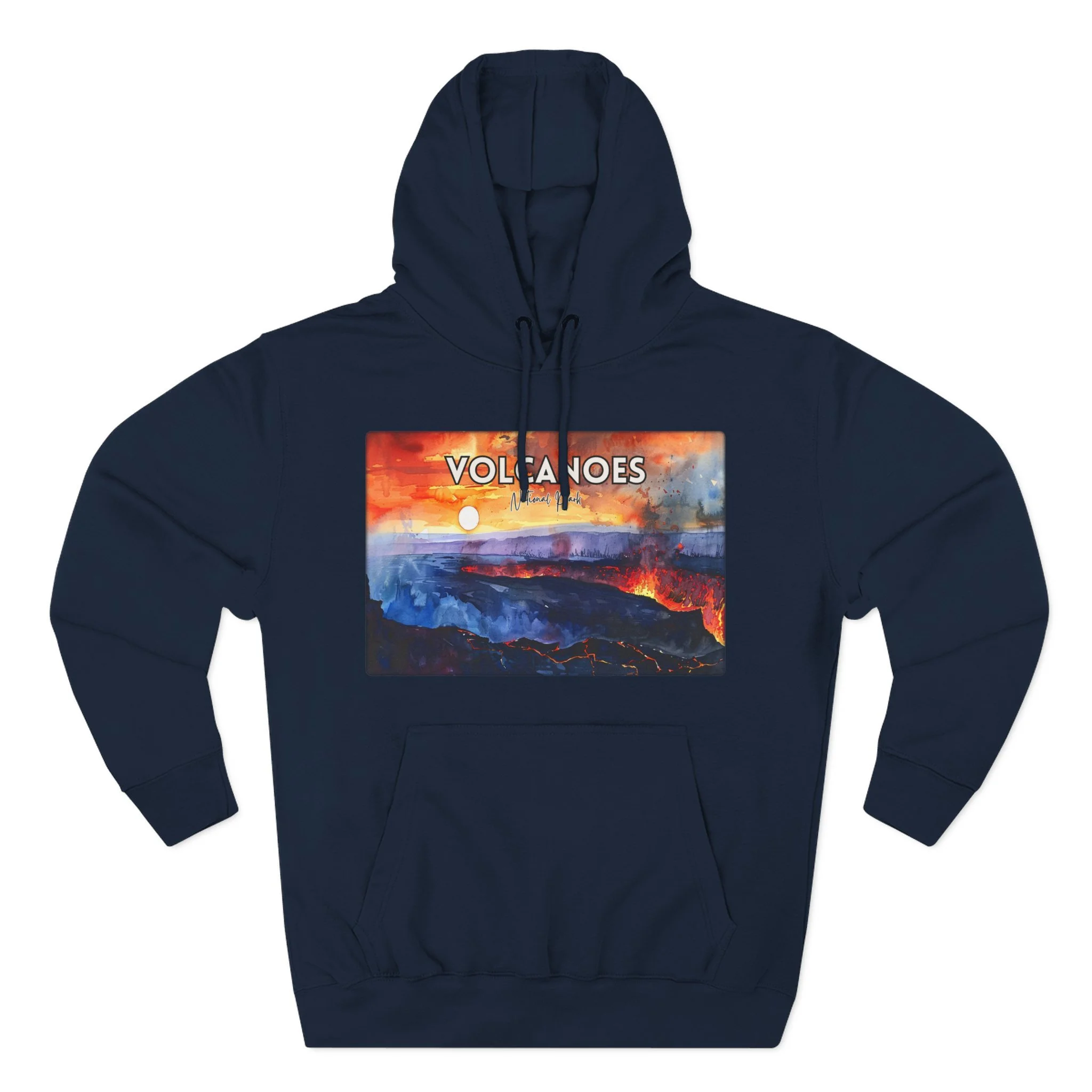 Volcanoes National Park Hoodie – Sunset Watercolor Pullover Sweatshirt with Lava and Landscape Art