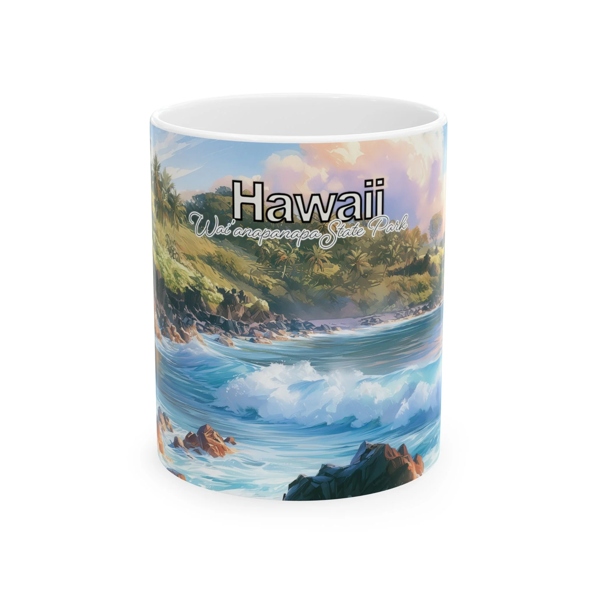Waianapanapa State Park watercolor coffee mug with Hawaii lettering above a blue and coral Maui coastal scene
