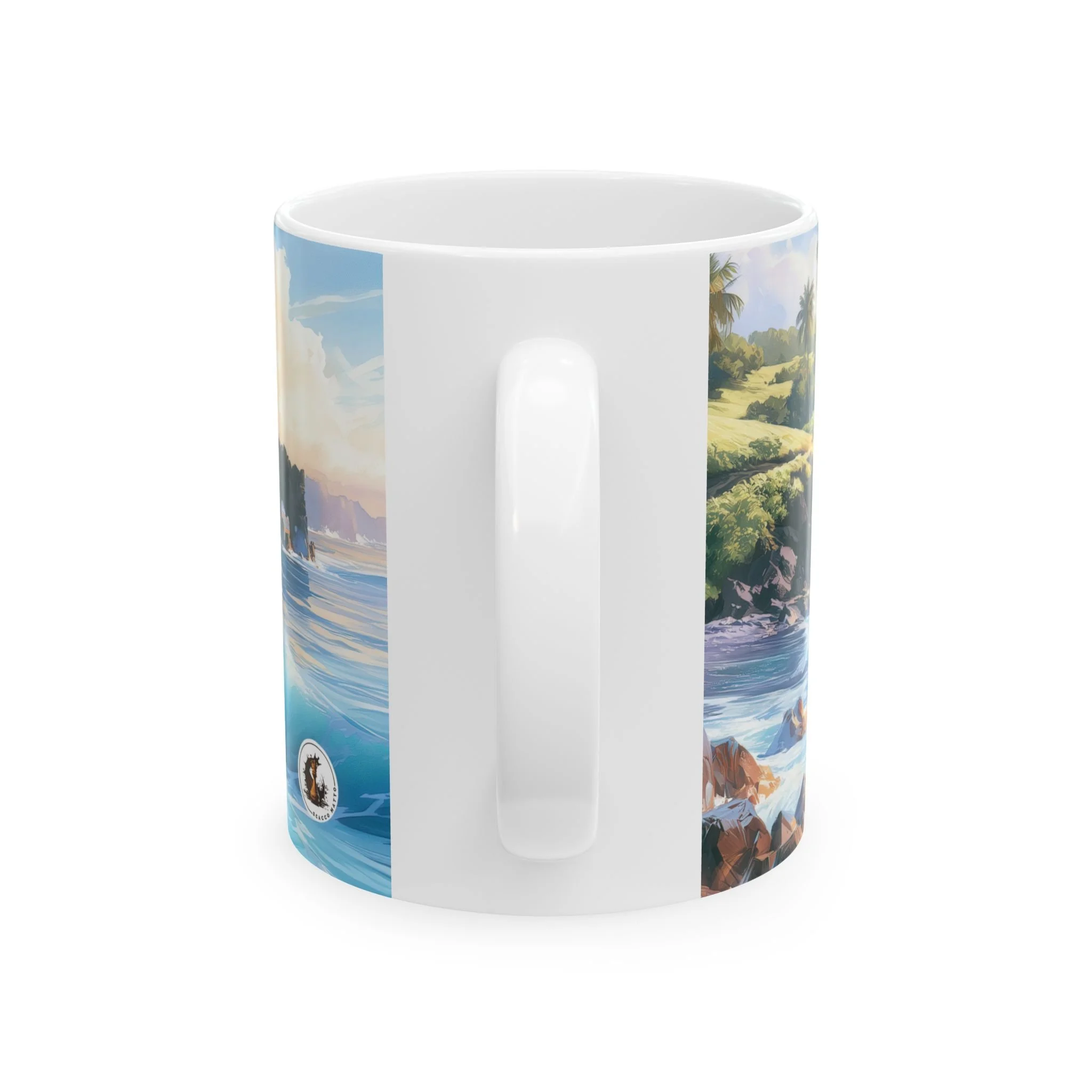 Ceramic Maui mug showing the watercolor coastline wrapping continuously around both sides of the handle