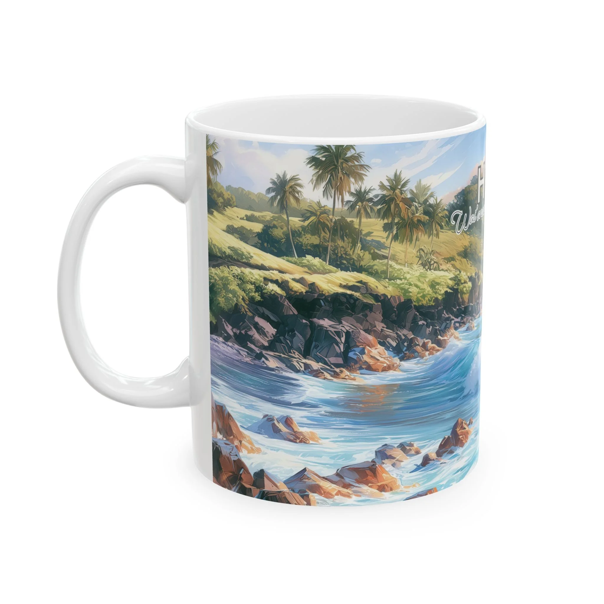 Waianapanapa coast painted on a white ceramic mug, handle left, with palms above dark lava rock and shoreline surf