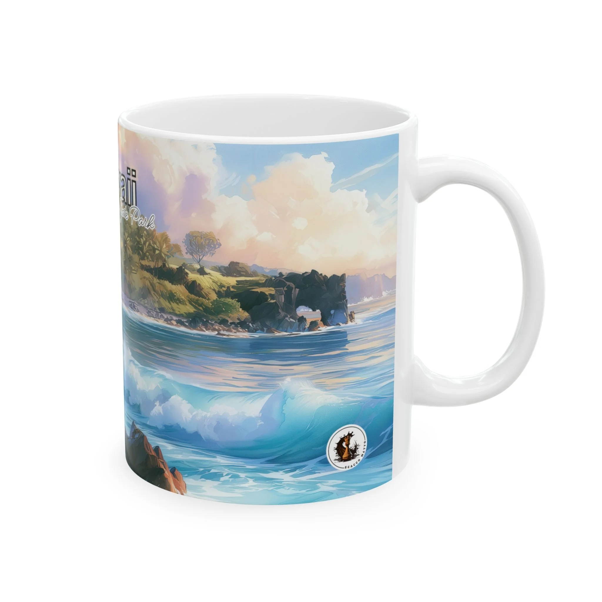 East Maui watercolor mug, handle right, showing peach sky washes over bright translucent water and breaking surf