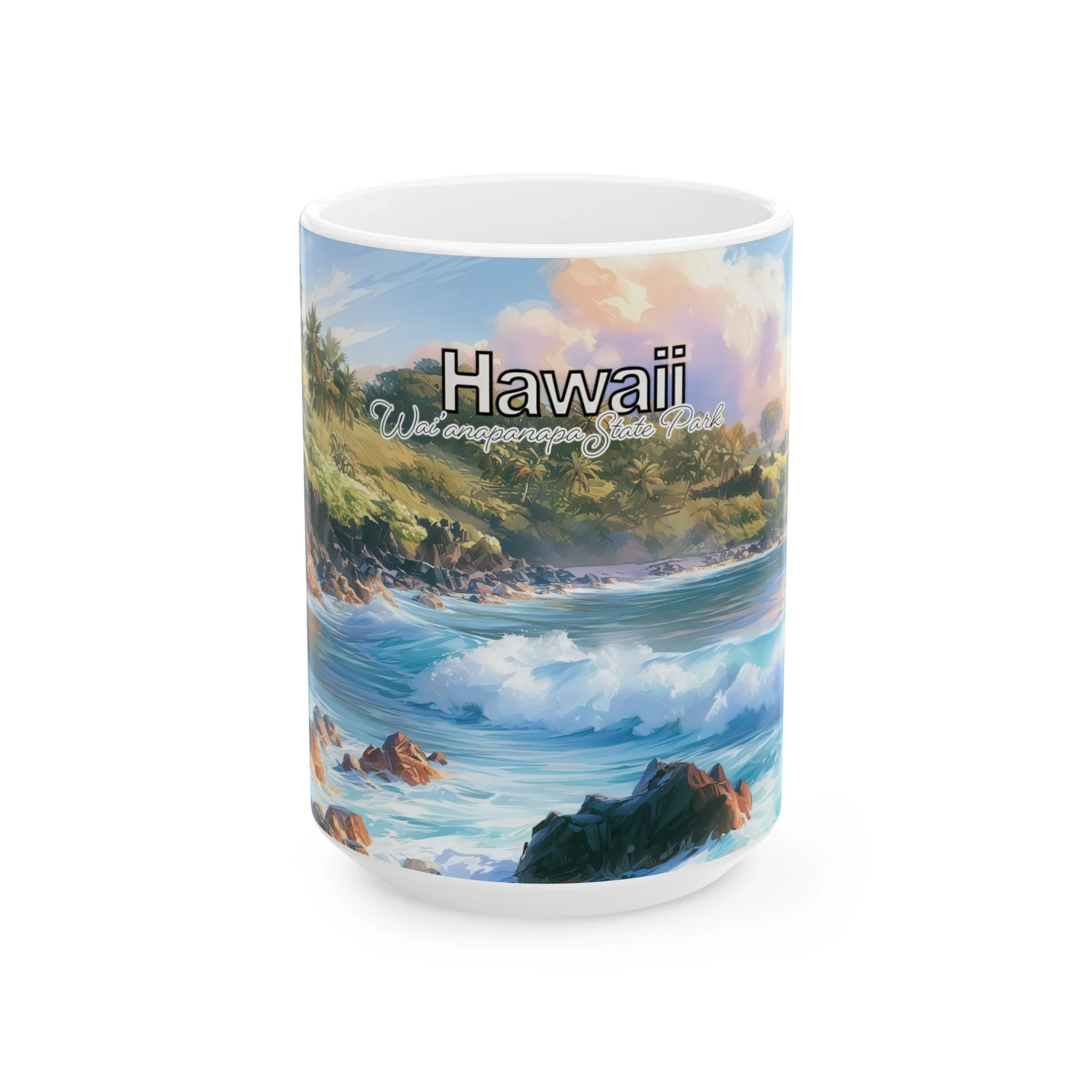Waianapanapa State Park watercolor mug in the larger size, Hawaii lettering above blue surf and coral sky