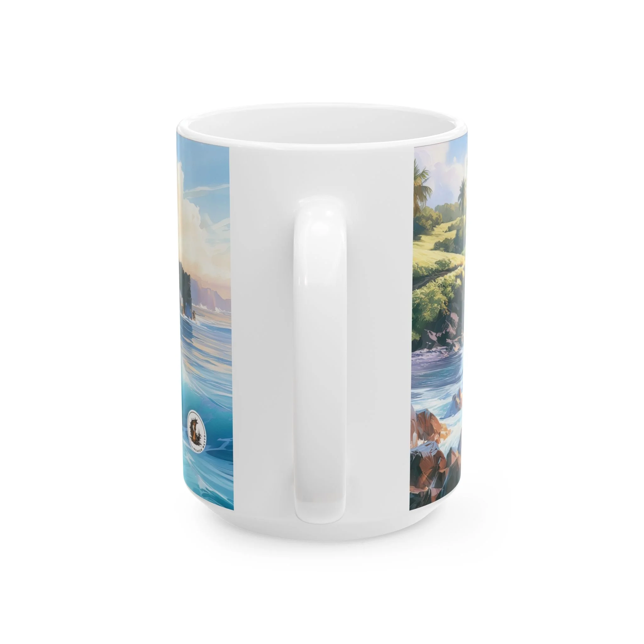 Larger ceramic Maui mug with the coastal watercolor meeting behind the centered handle