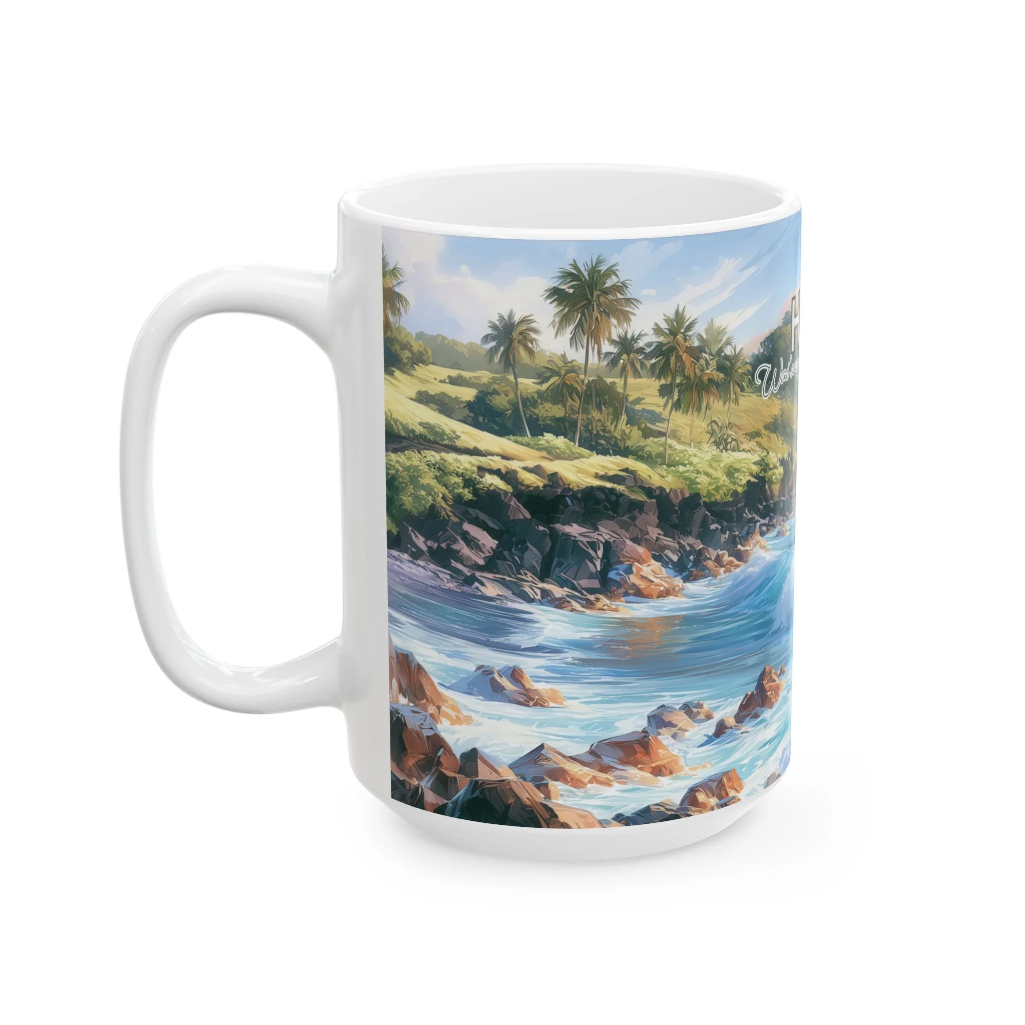 Maui watercolor coffee mug, handle left, showing palm-lined bluffs and dark rocks along the Road to Hana coast