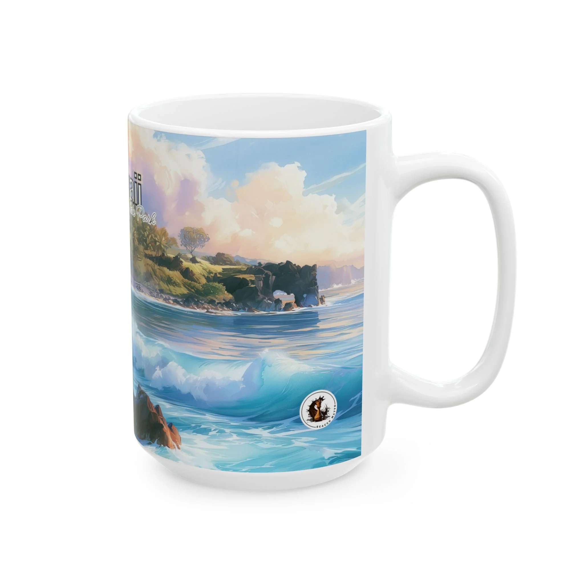 Waianapanapa coastal watercolor on a ceramic mug, handle right, with translucent blue water and soft peach clouds