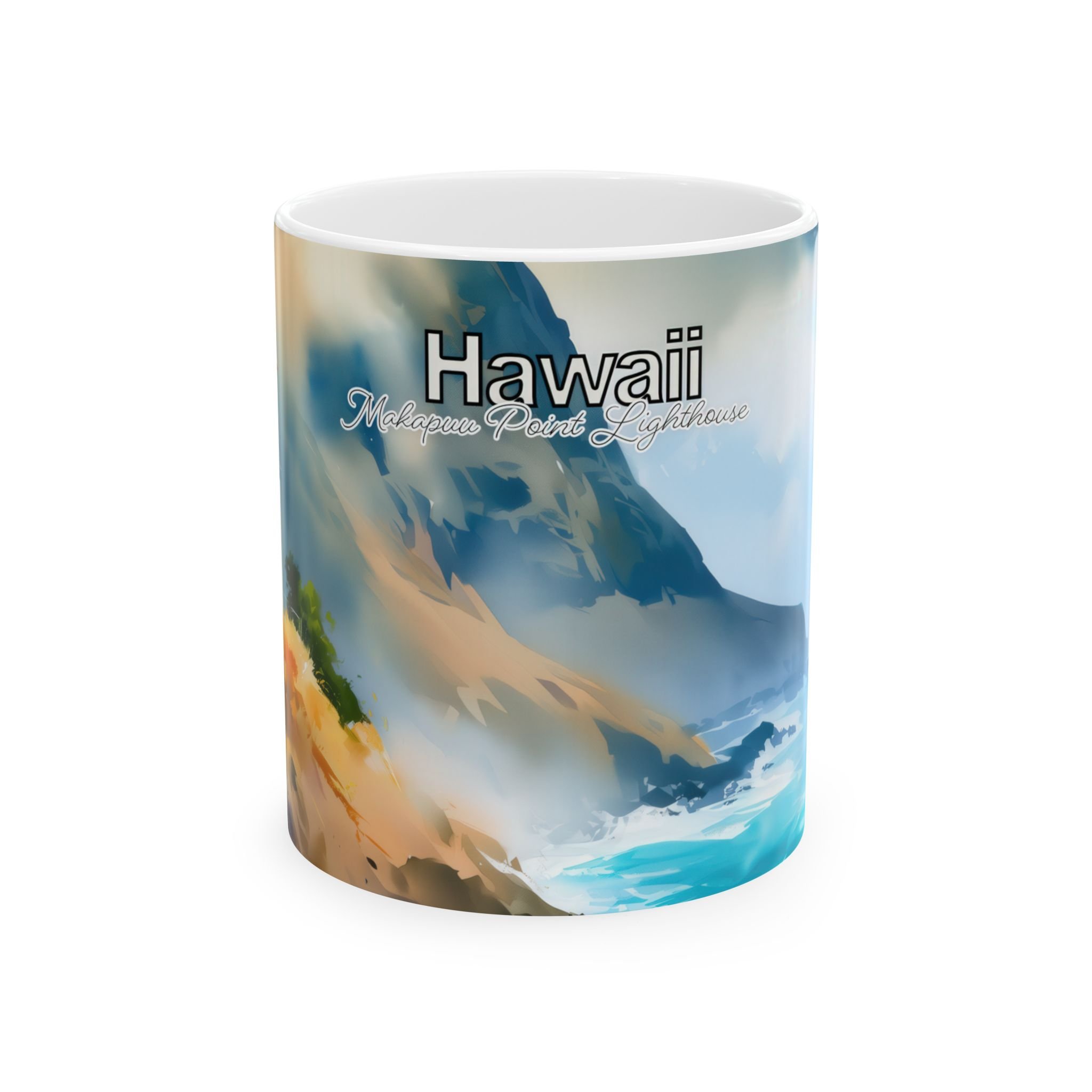 Makapuu Point Lighthouse watercolor coffee mug with Hawaii lettering above a vivid blue and gold coastal scene