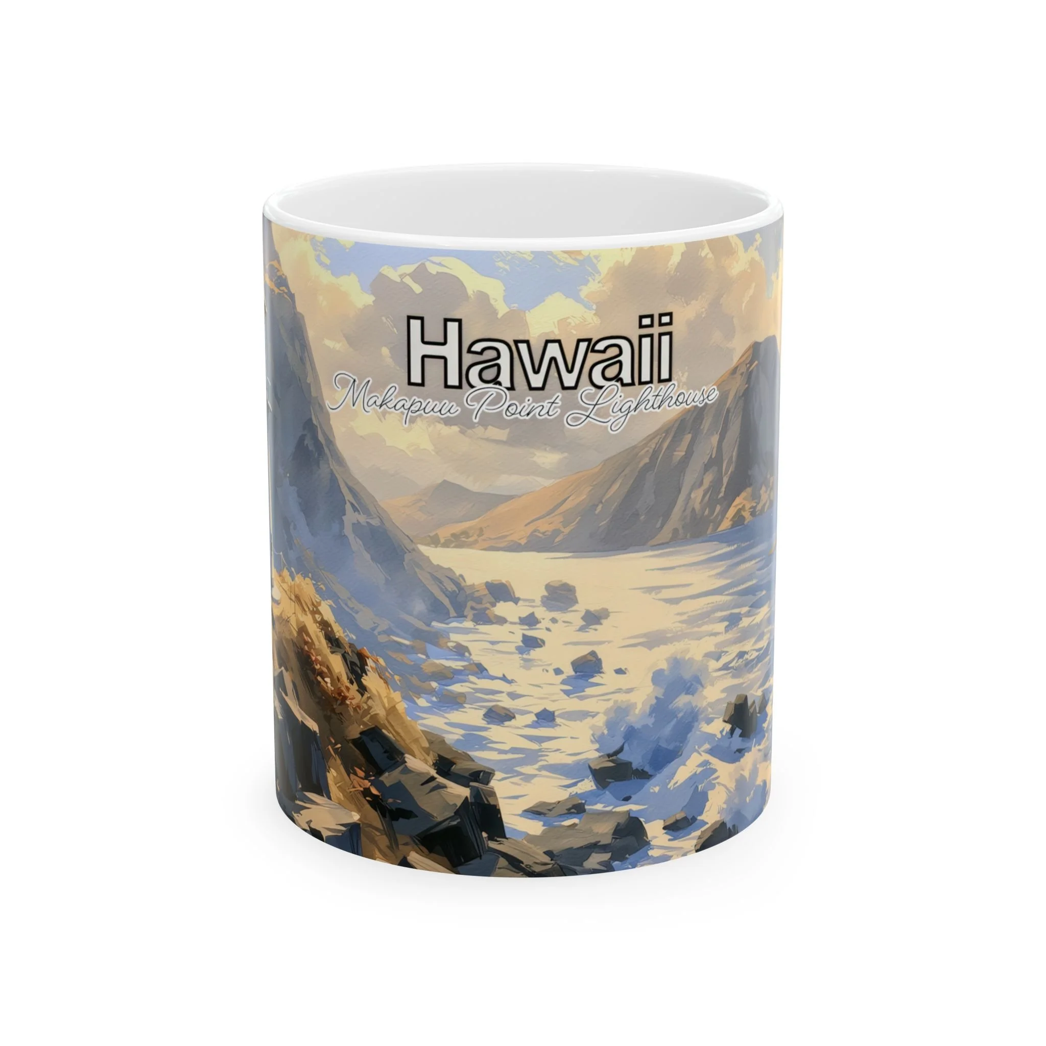 Makapuu Point Lighthouse watercolor coffee mug with Hawaii lettering above a cream and slate-blue coastal scene