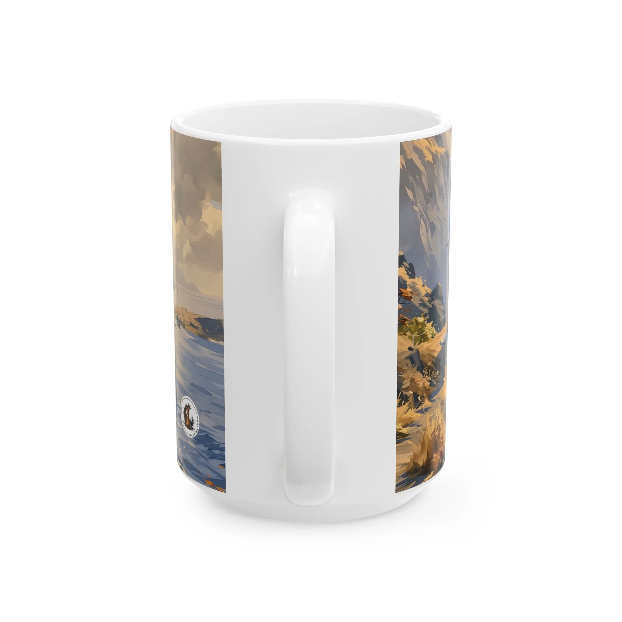 Ceramic Hawaii mug showing the watercolor coastline wrapping continuously around both sides of the handle