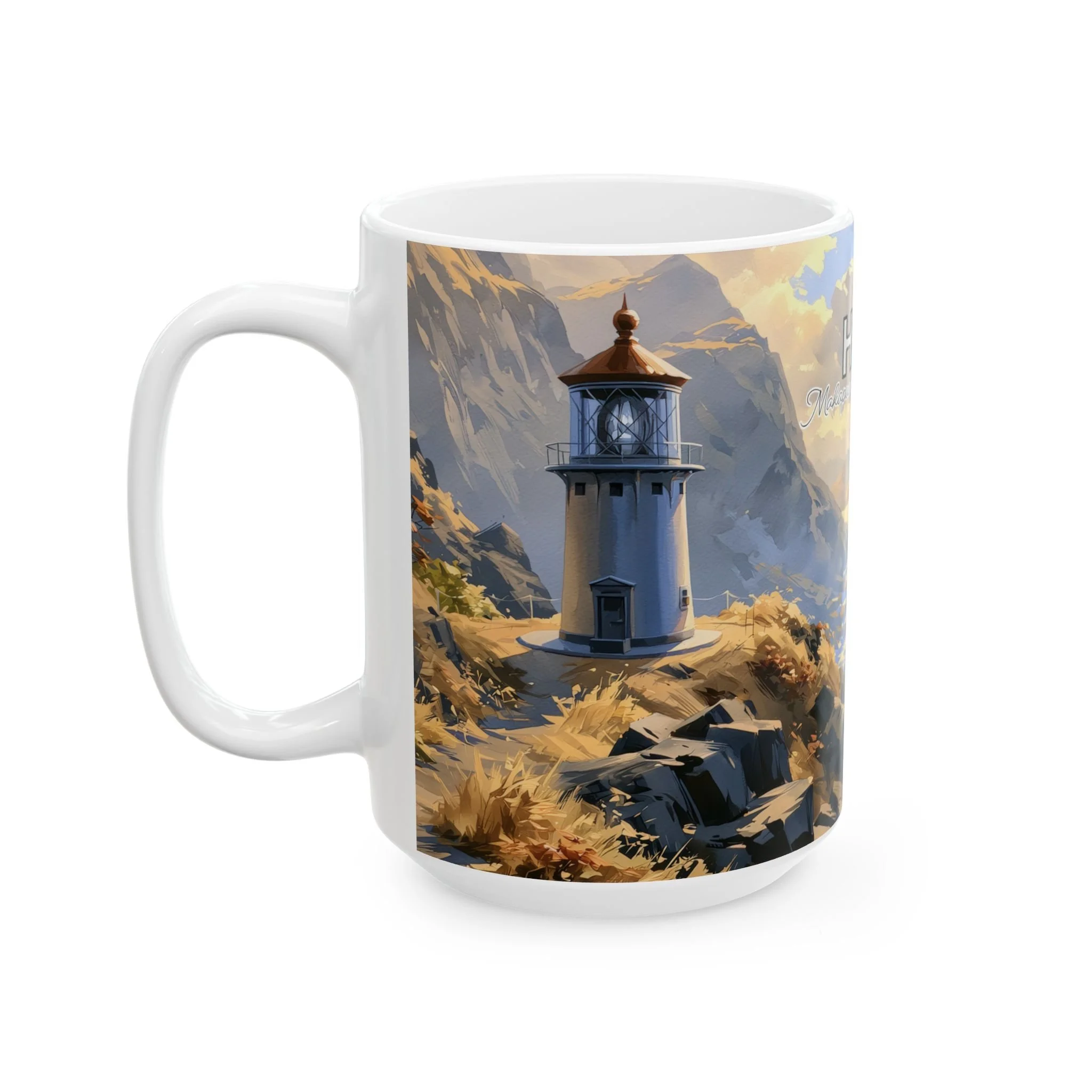 Makapuu Point Lighthouse painted on a white ceramic mug, handle left, with golden ridge grasses and rock