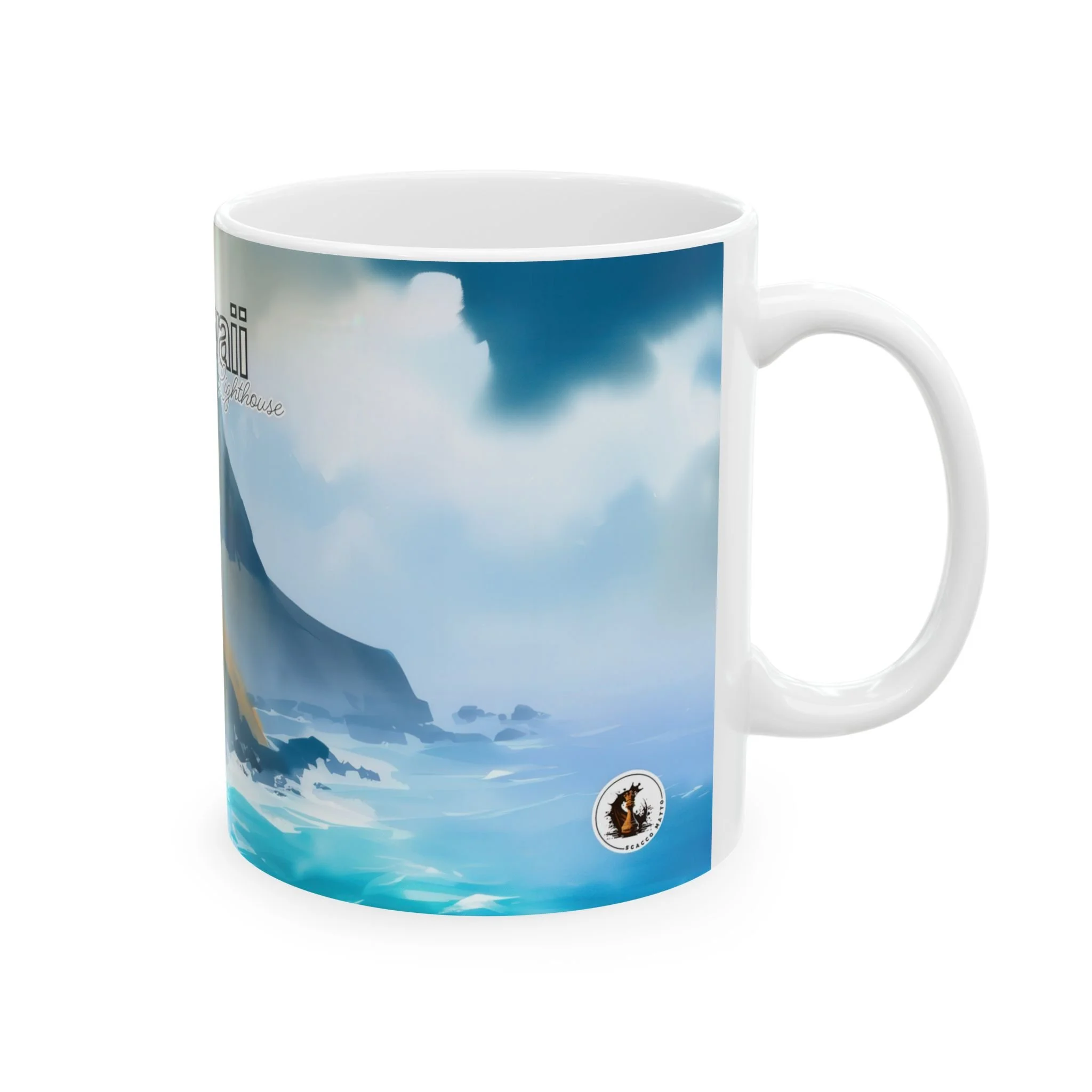 Ceramic Hawaii mug showing the bold watercolor coastline wrapping continuously around both sides of the handle