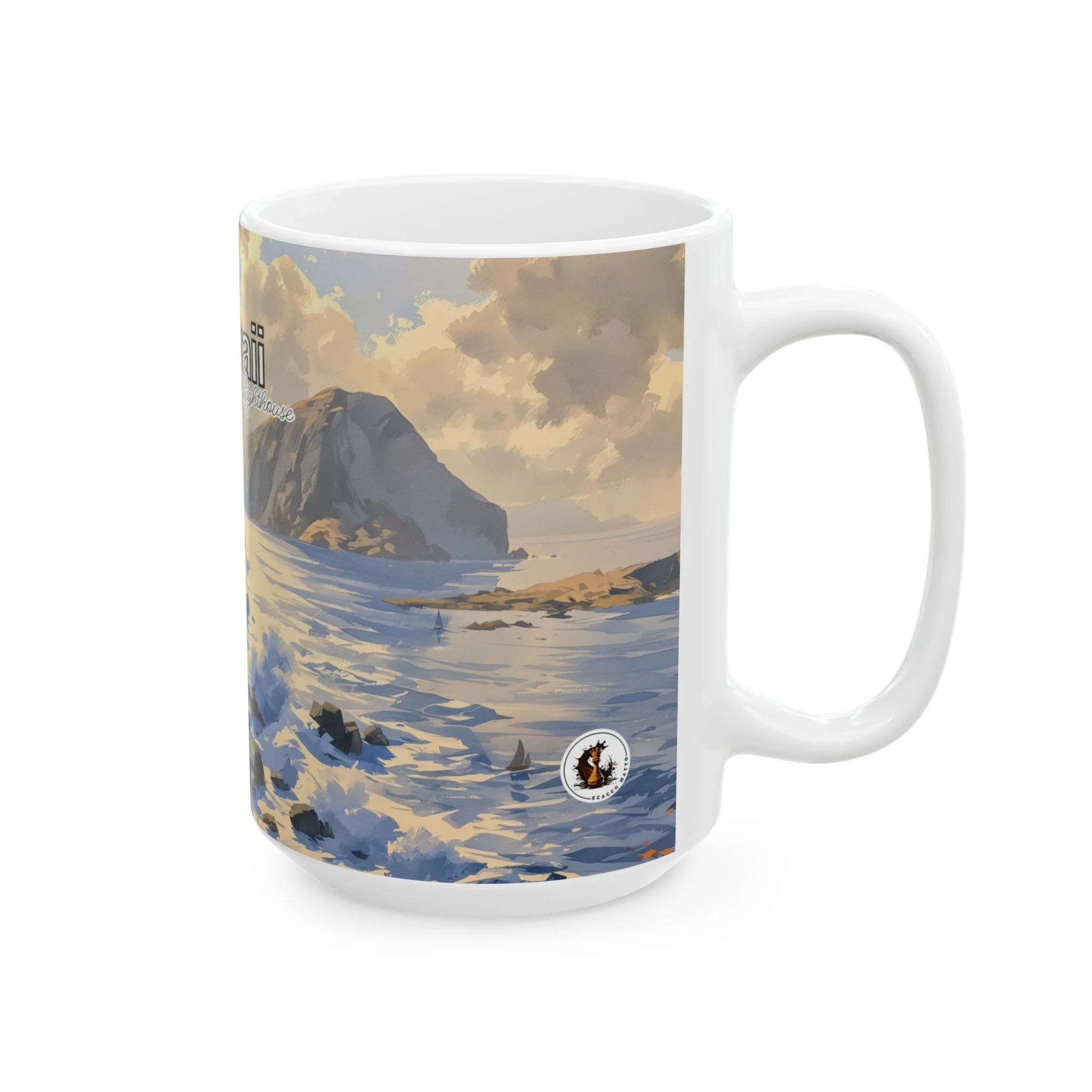 Oahu coastal watercolor mug, handle right, showing the offshore sea stack and pale open water at the horizon