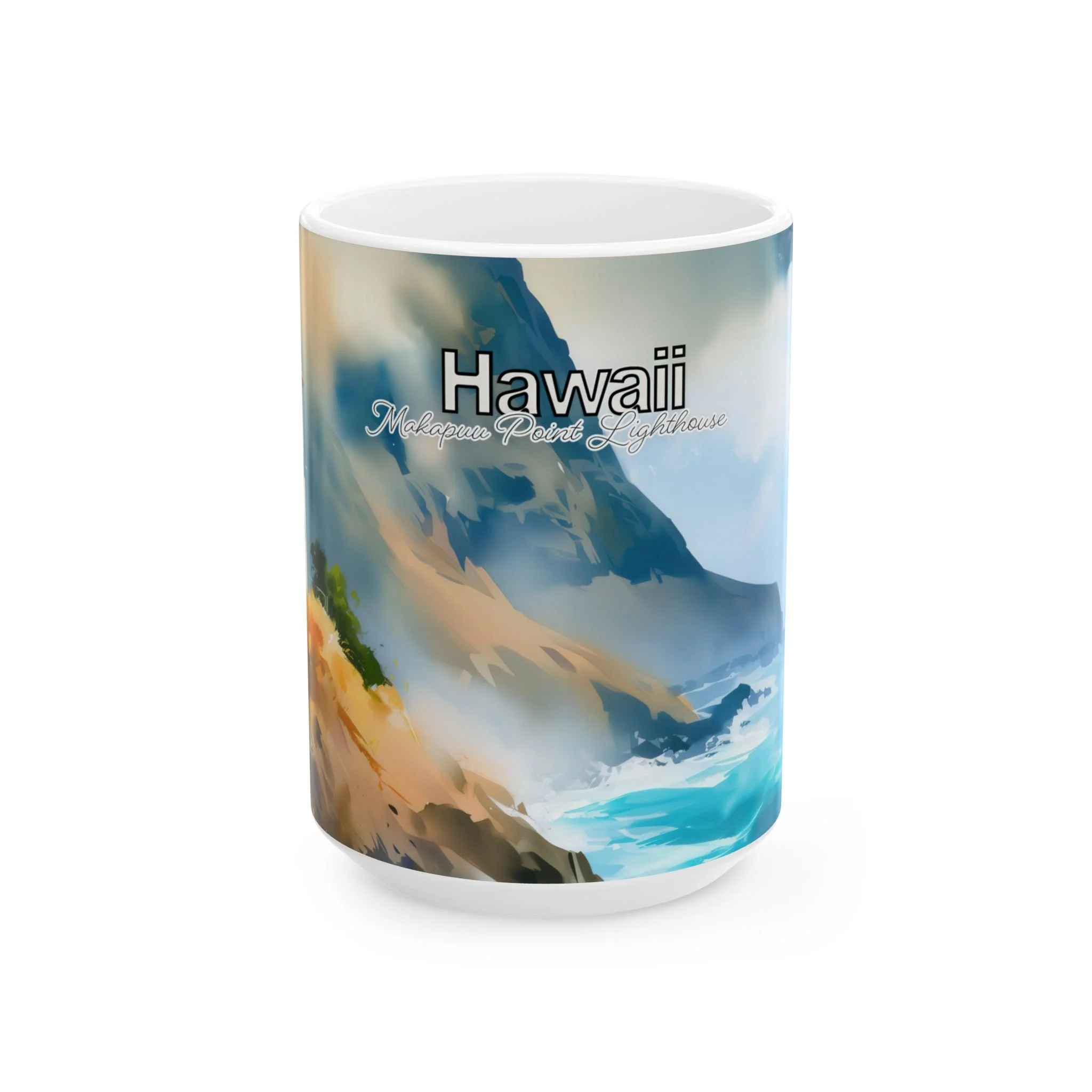 Makapuu Point Lighthouse painted on a white ceramic mug, handle left, with charcoal ridge and flaring gold foreground