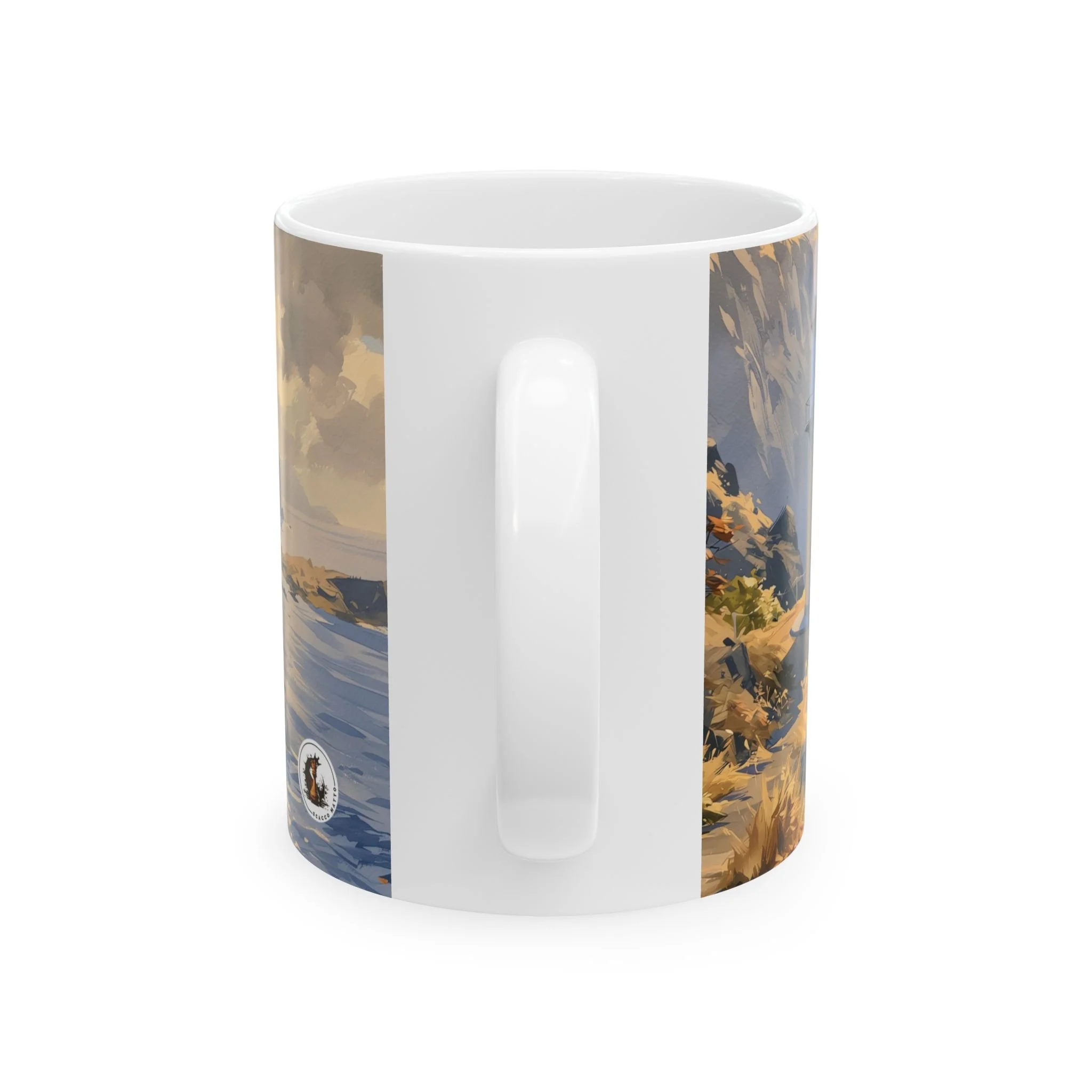 Reverse side of the Makapuu Point Lighthouse mug with the watercolor seascape meeting behind the handle