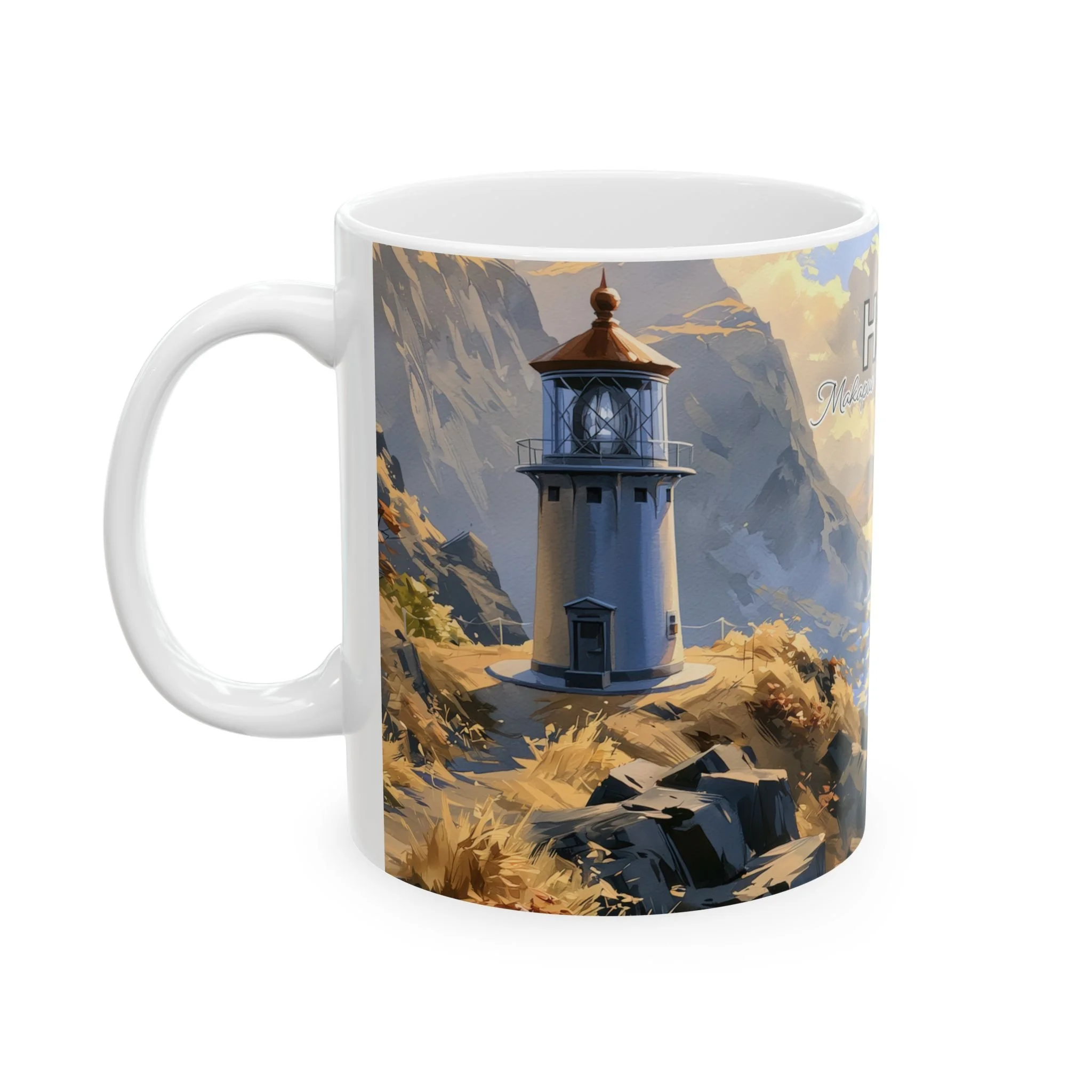 Close view of the Makapuu Point Lighthouse watercolor on a ceramic mug by artist Nick Scacco