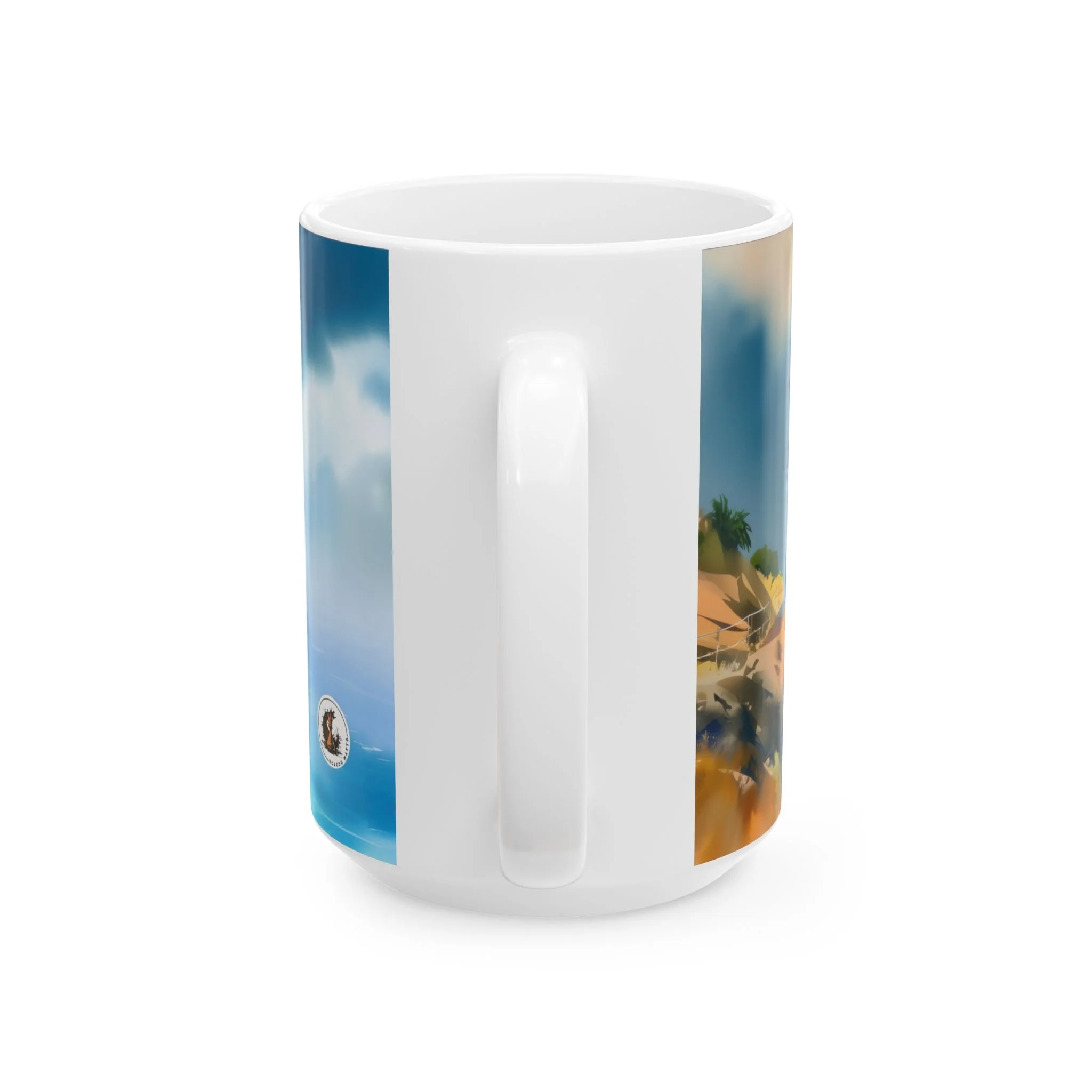 Vivid Oahu coastal watercolor mug, handle right, showing loose blue sea shapes and the offshore sea stack