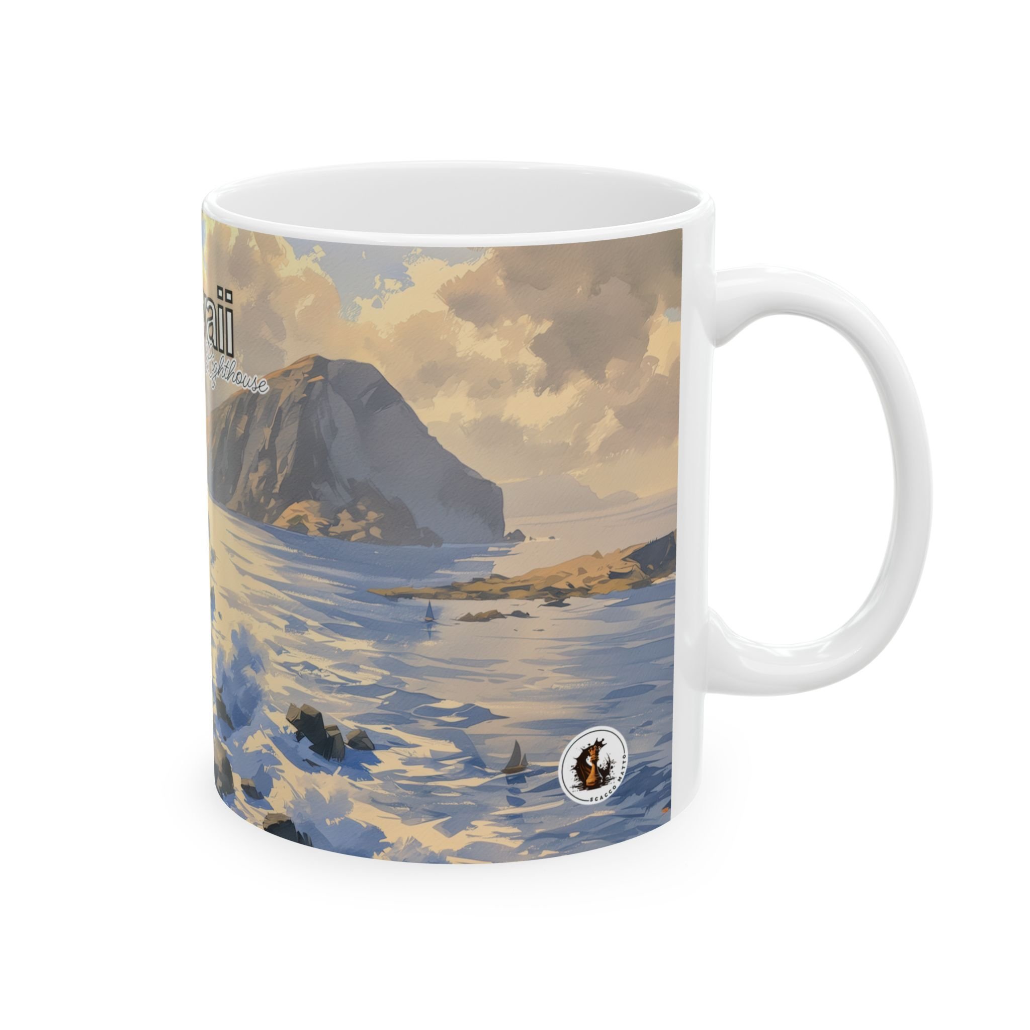 Hawaii watercolor mug angled to show the windward coastline, cloud-washed sky, and shoreline rocks
