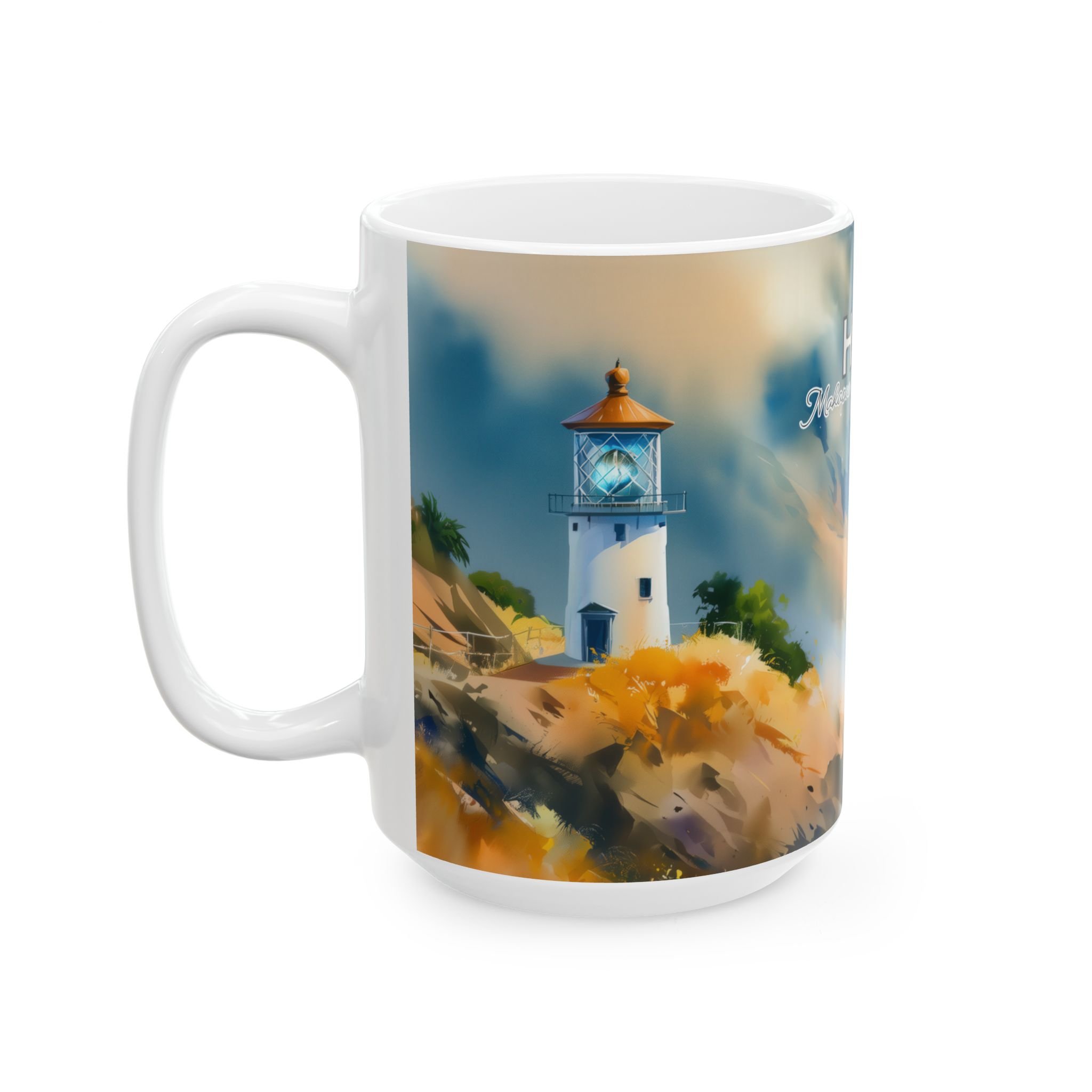 Bright Hawaii watercolor mug angled to show the windward coastline, open blue sky, and orange shoreline marks