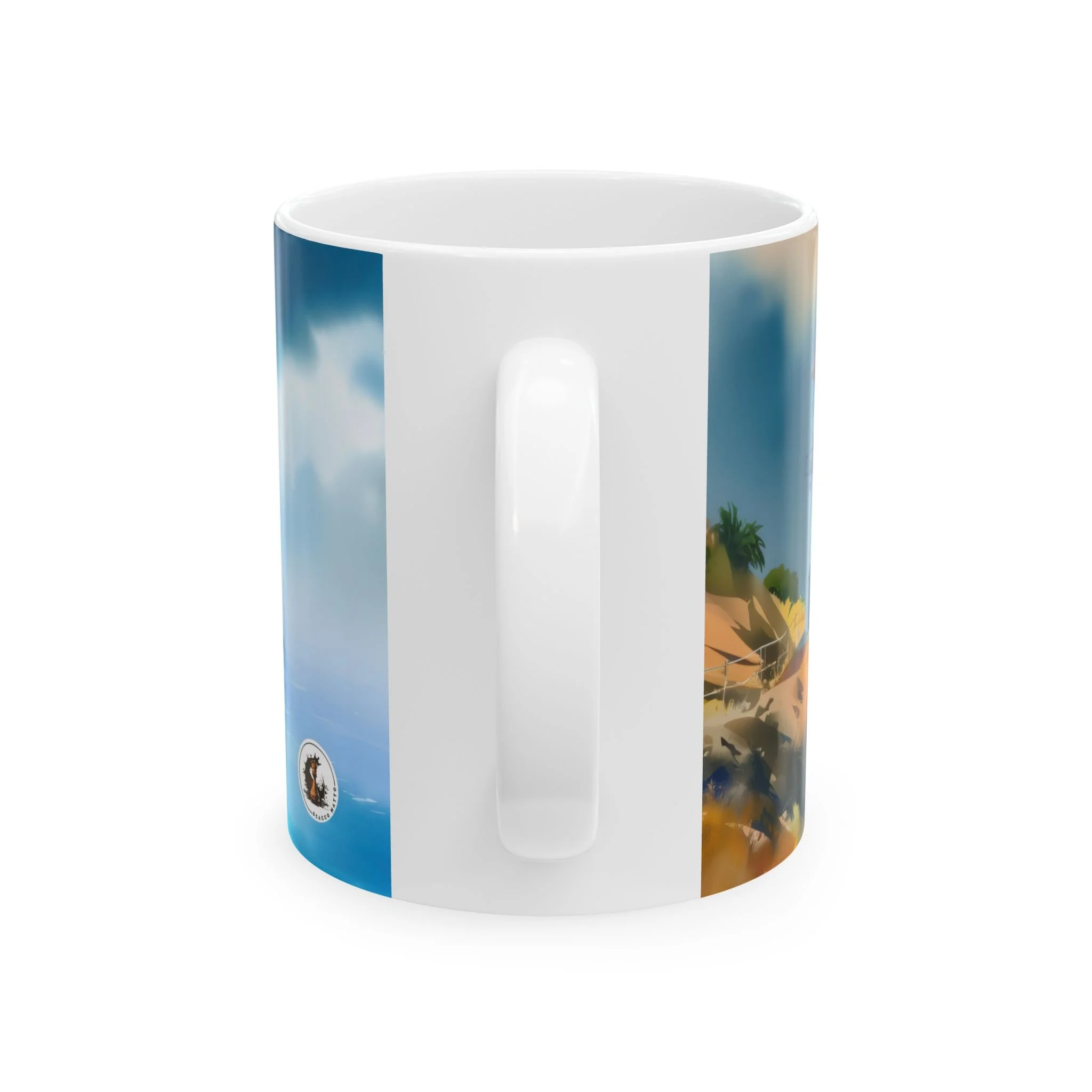 Reverse side of the vivid Makapuu Point Lighthouse mug with the blue and gold seascape meeting behind the handle