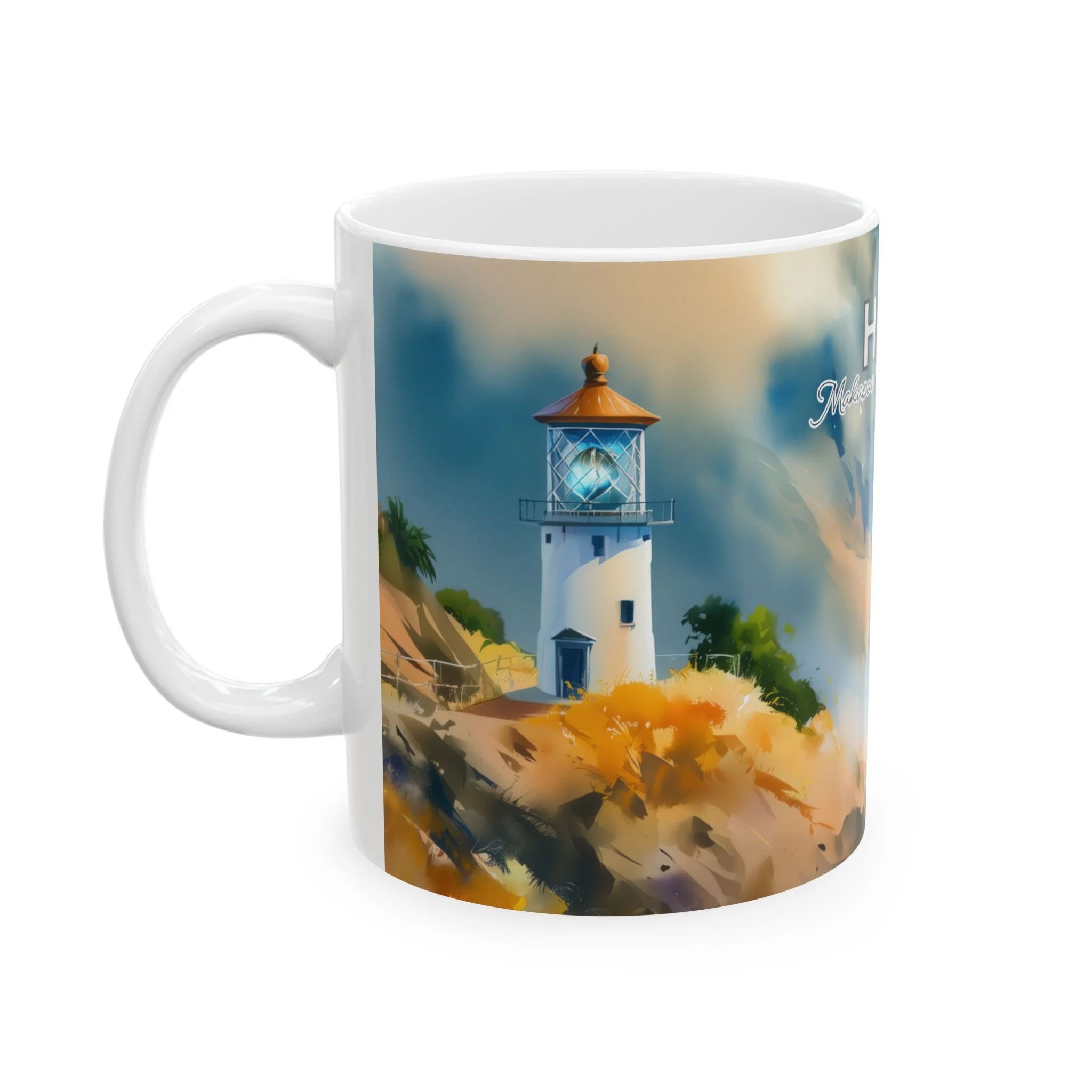 Close view of the glowing Makapuu Point Lighthouse lantern in vivid watercolor on a ceramic mug by artist Nick Scacco