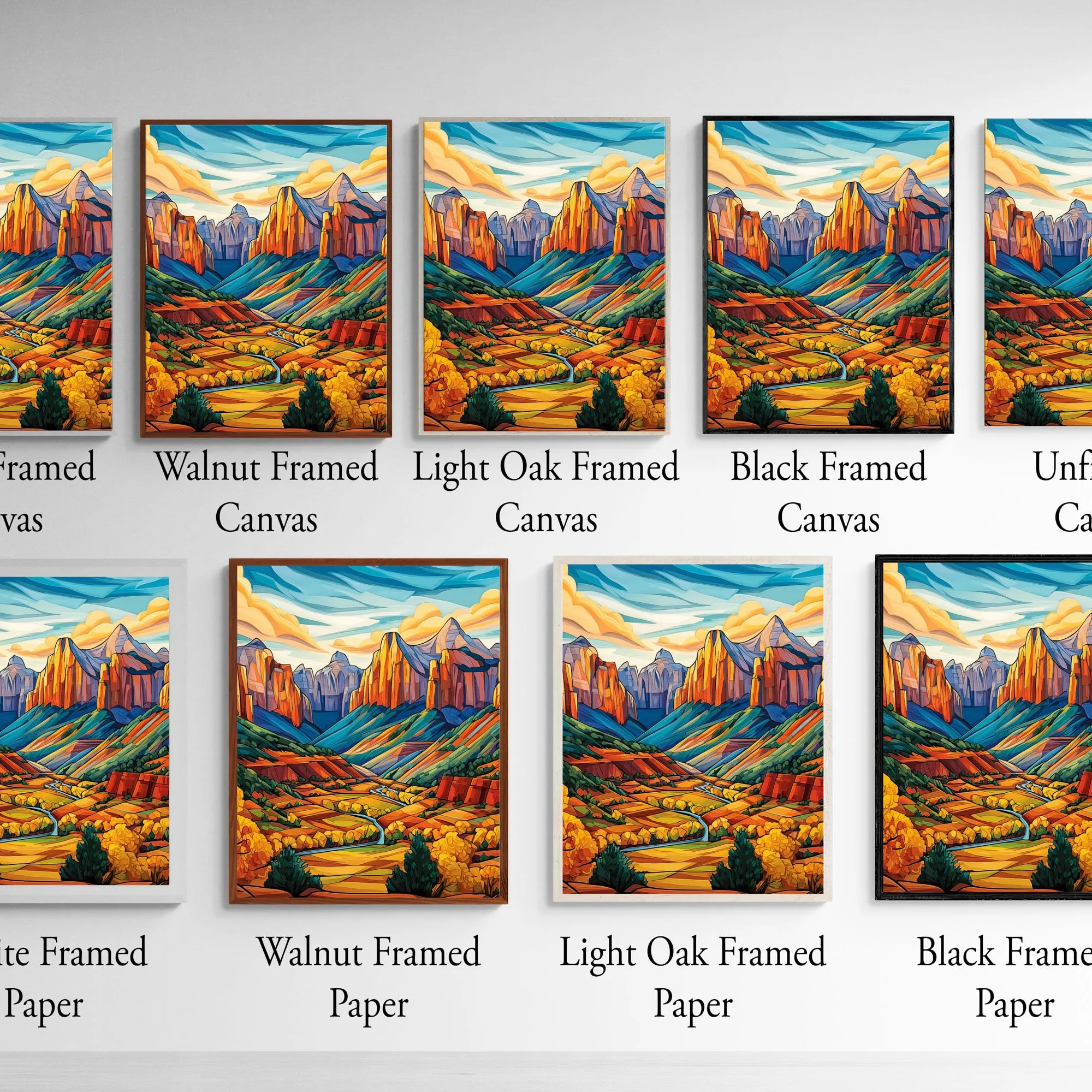 Frame and print style options for Kolob Canyons in fall wall art, showing canvas and paper versions in multiple frame finishes.