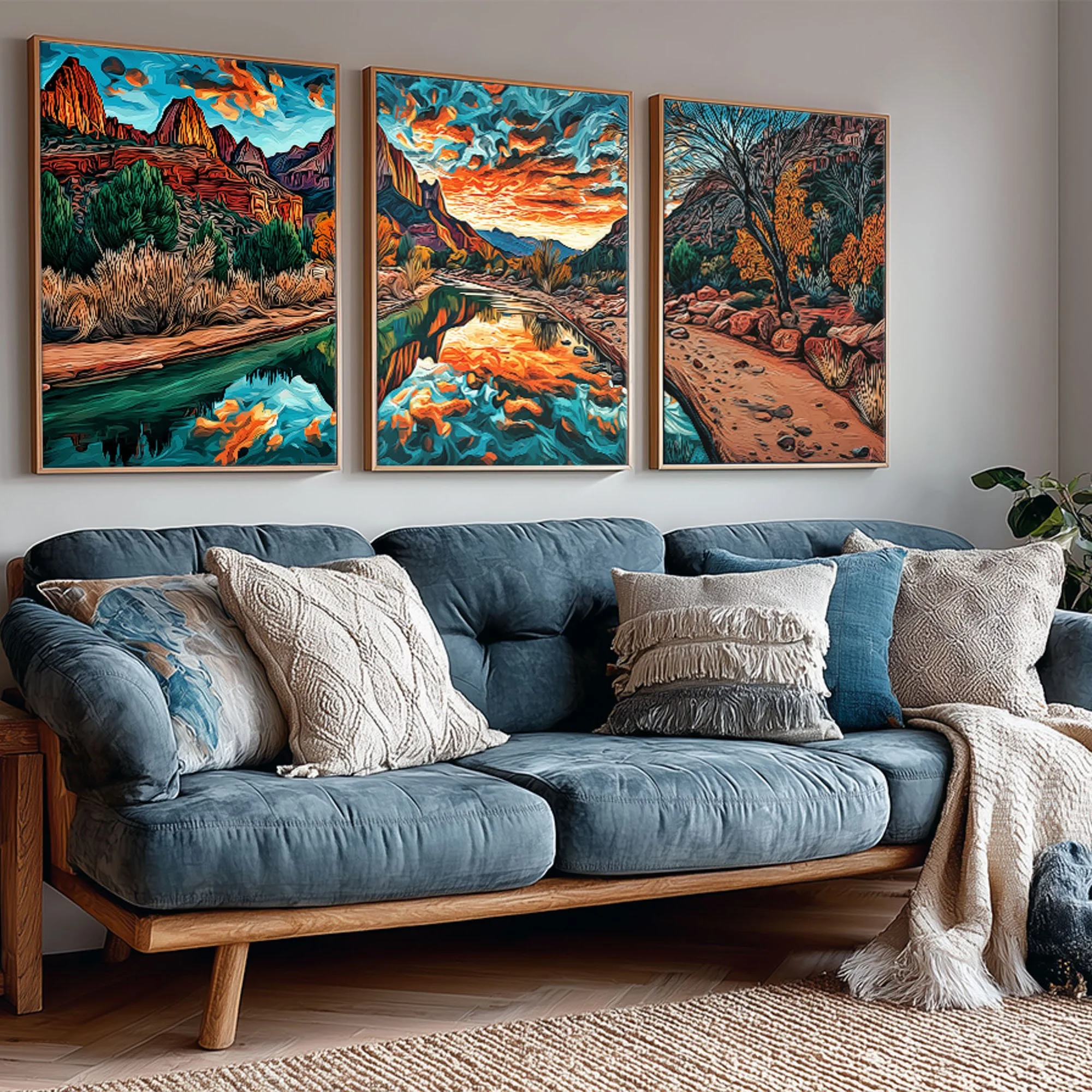 Zion National Park Watchman Mountains at Sunset abstract acrylic giclée triptych styled above a blue sofa