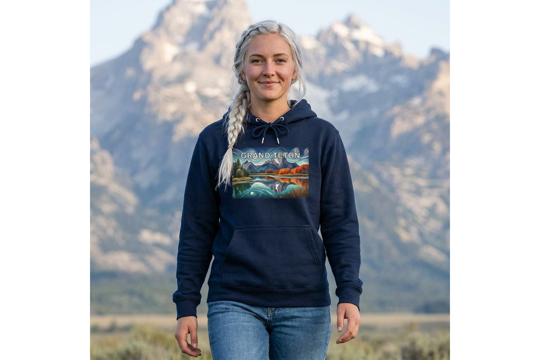 Woman wearing a navy Grand Teton hoodie with scenic mountain and lake artwork, standing outdoors with the Tetons softly blurred in the background.