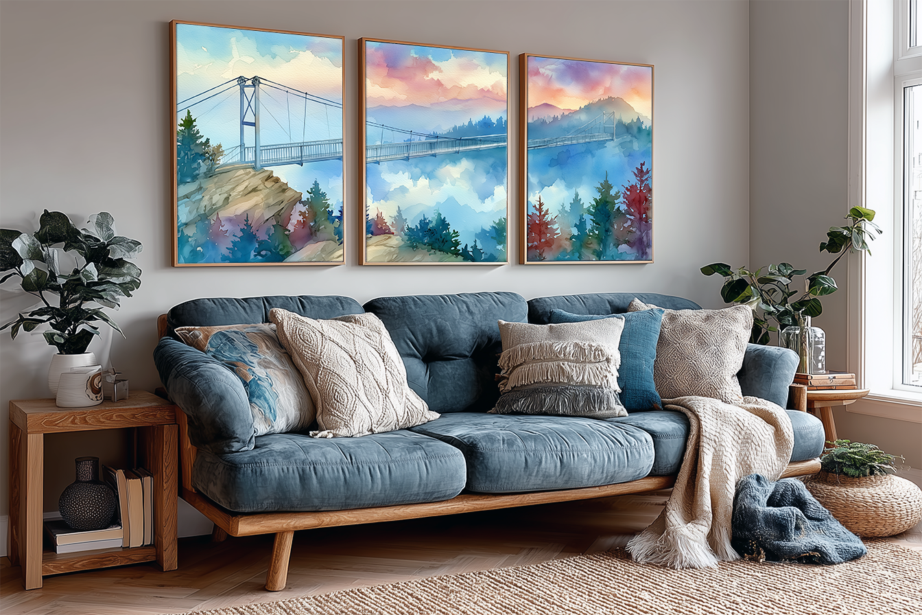 grandfather-mountain-mile-high-swinging-bridge-north-carolina-watercolor-triptych-wall-art-angle-living-room.webp