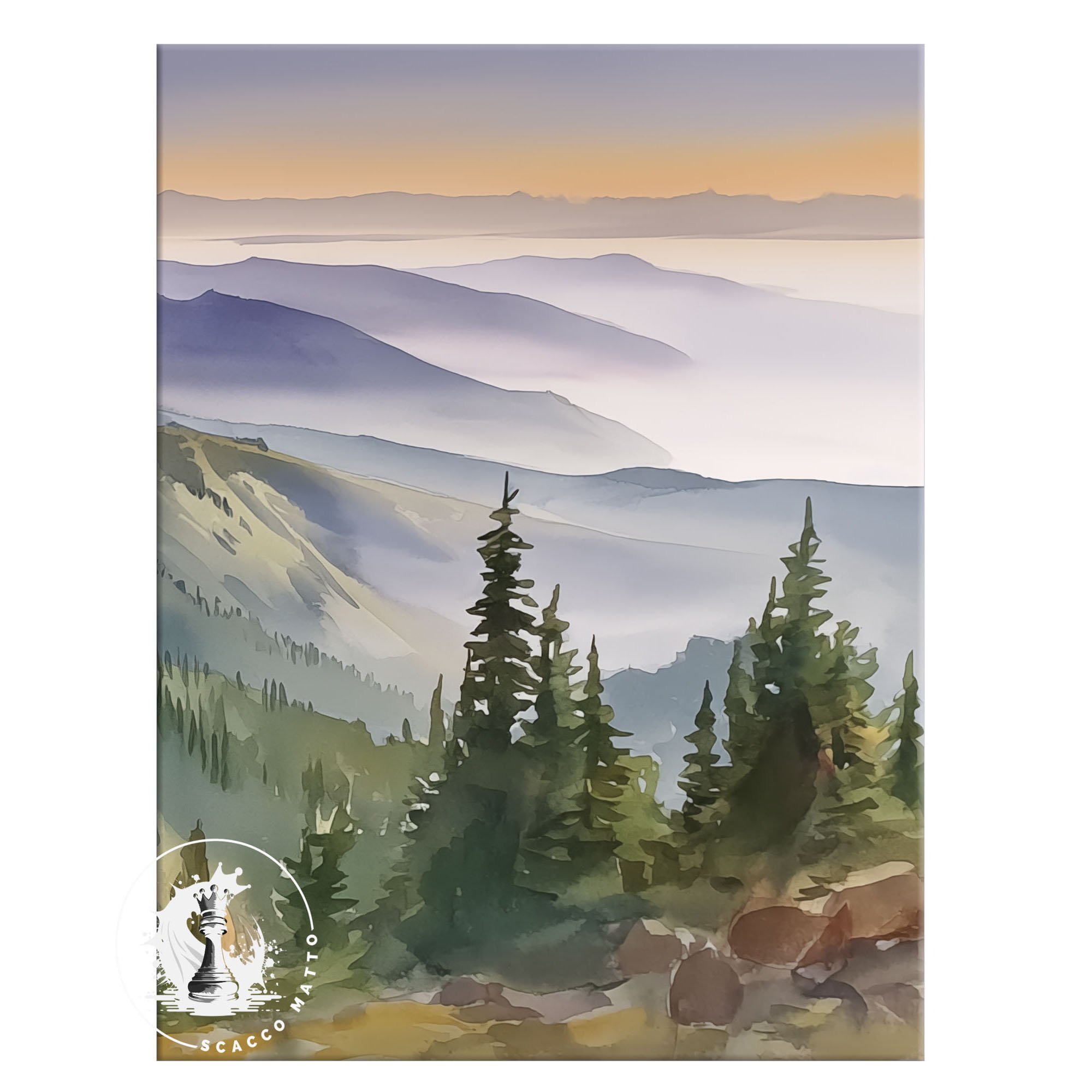 Close-up of Olympic National Park Distant Mist watercolor showing layered blue ridges and evergreen foreground