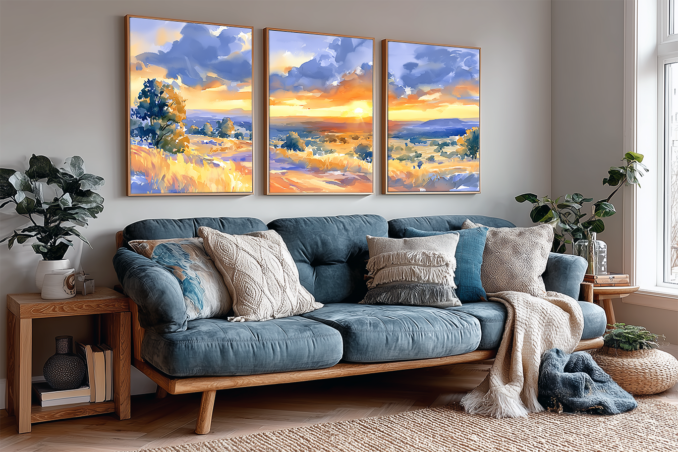 texas-hill-country-open-sky-watercolor-triptych-wall-art-angle-living-room.webp