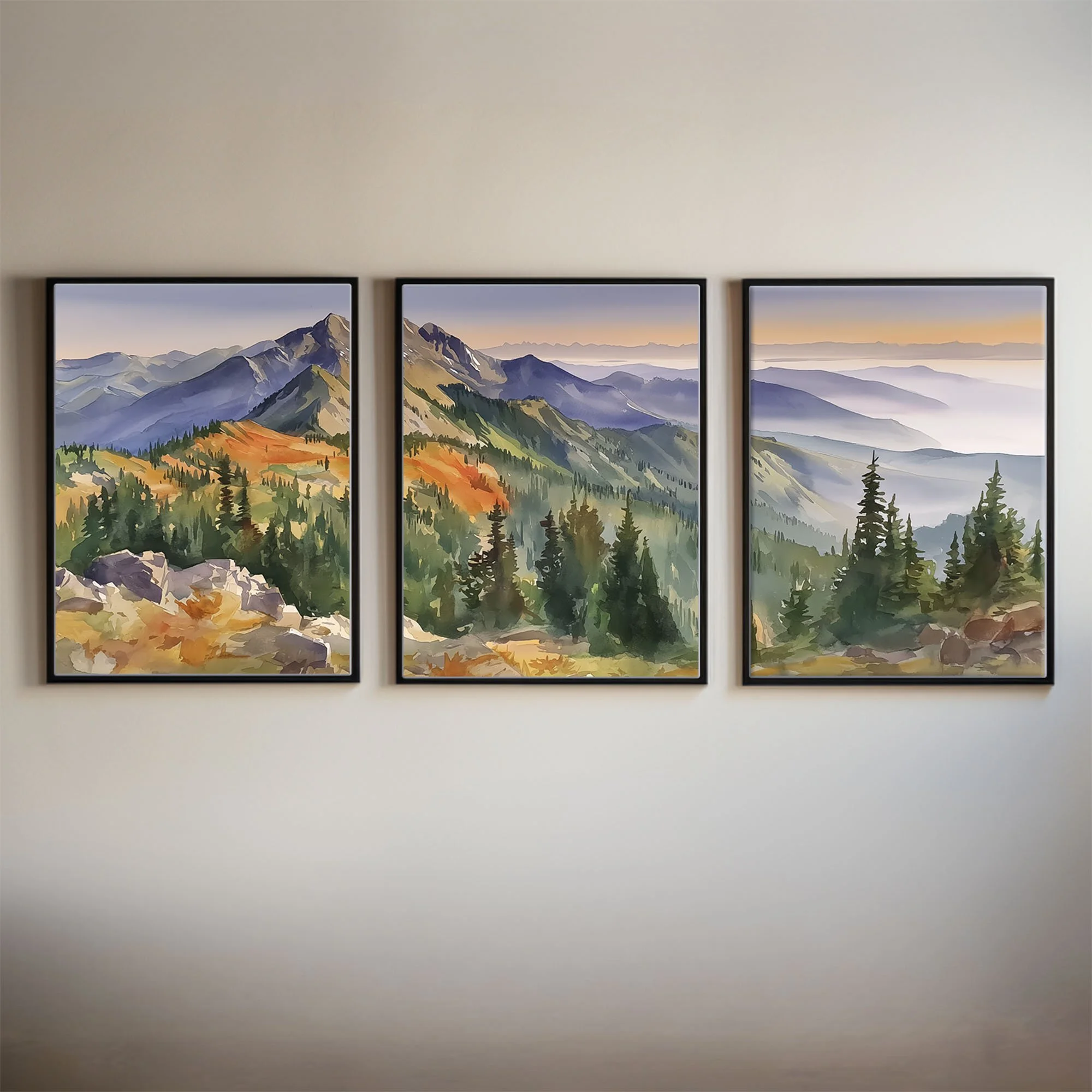 Framed Olympic National Park Distant Mist watercolor triptych on a neutral interior wall