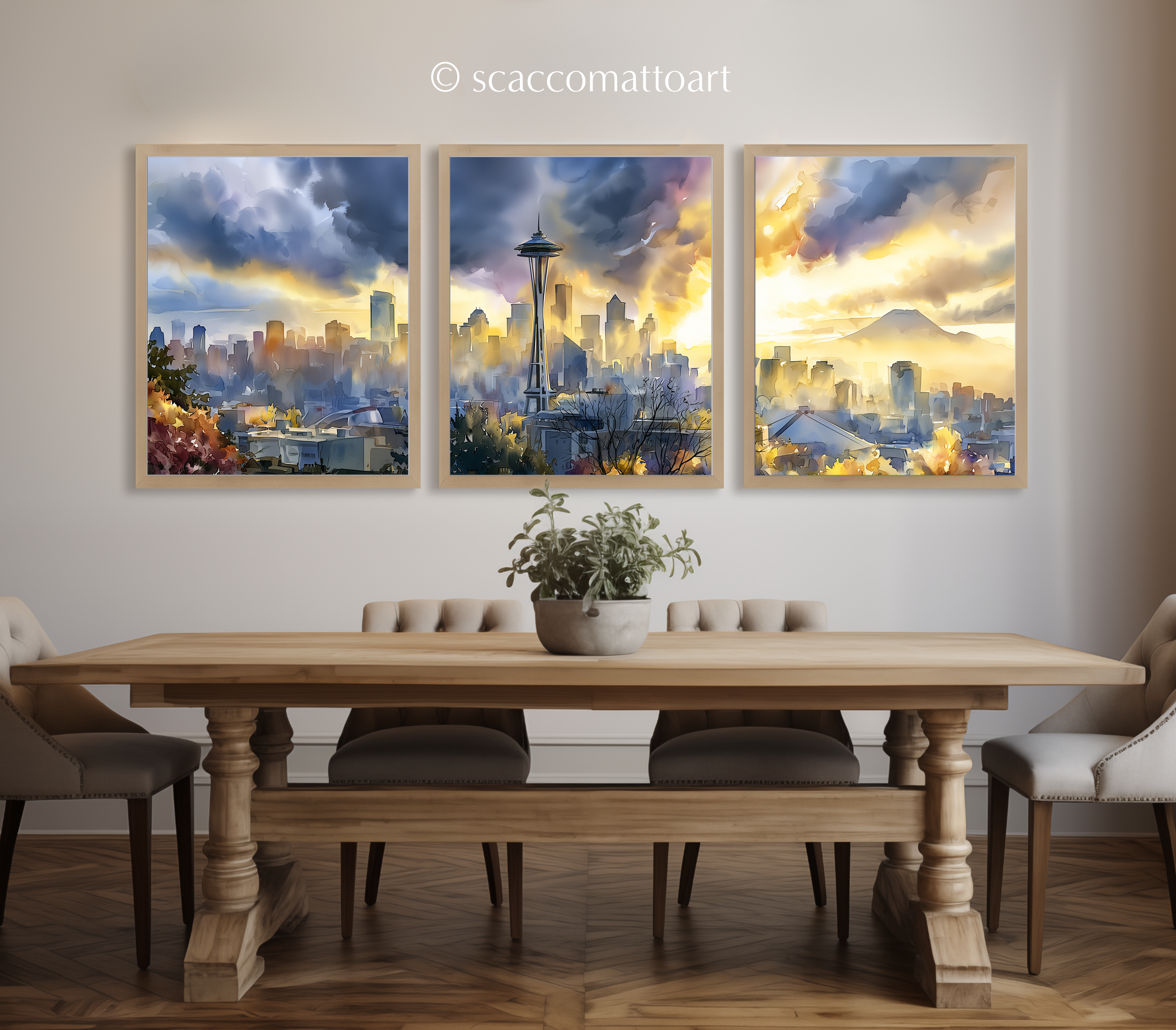 seattle-skyline-from-kerry-park-washington-watercolor-triptych-wall-art-set-of-3-cityscape-prints-dining-room.webp