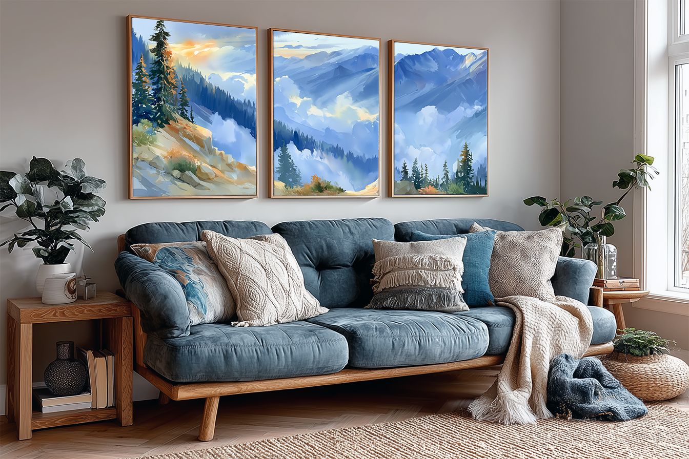 big-cottonwood-canyon-utah-watercolor-triptych-wall-art-angle-living-room.webp