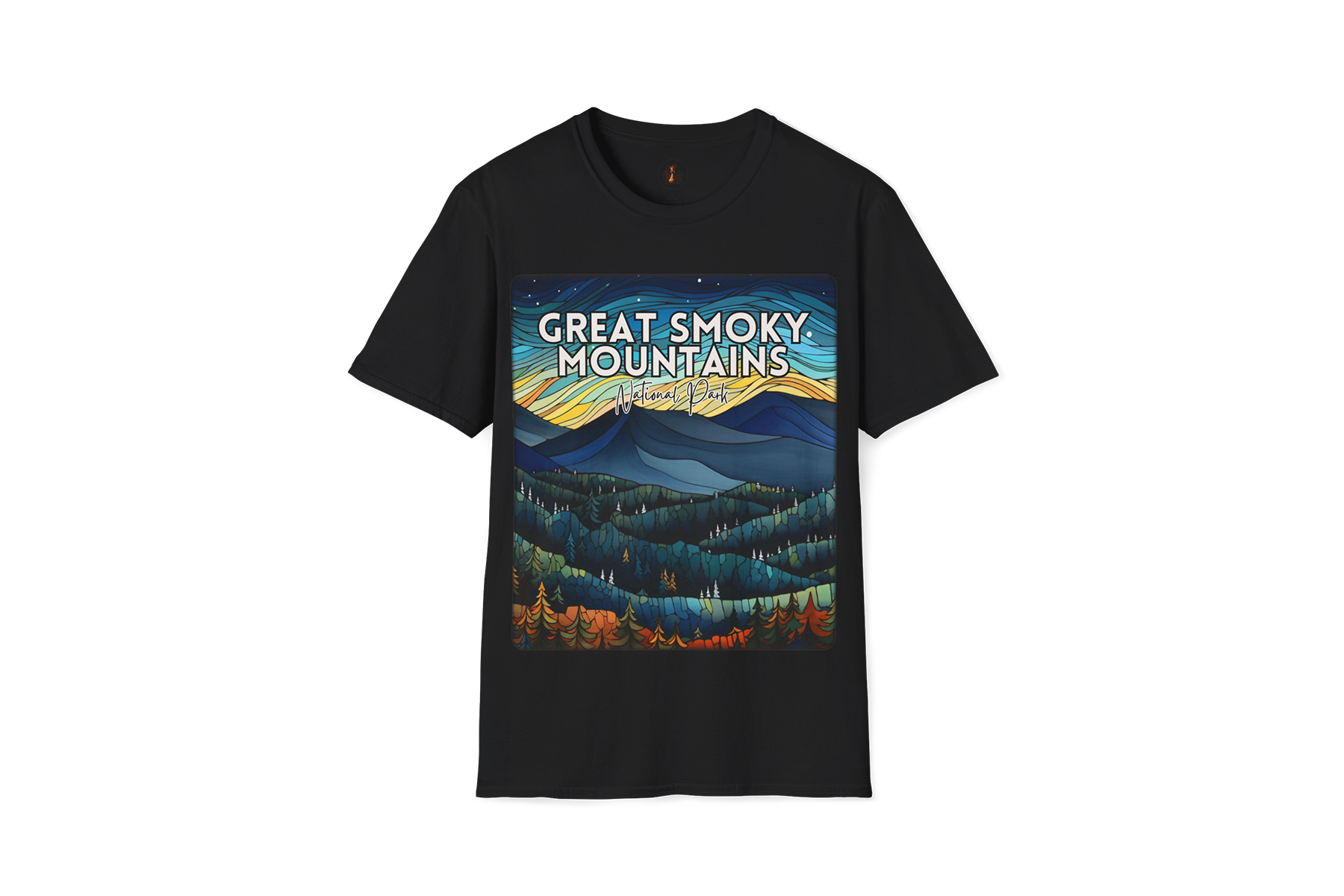 Black T-shirt featuring a colorful illustration of Smoky Mountains with text 'Great Smoky Mountains National Park'.