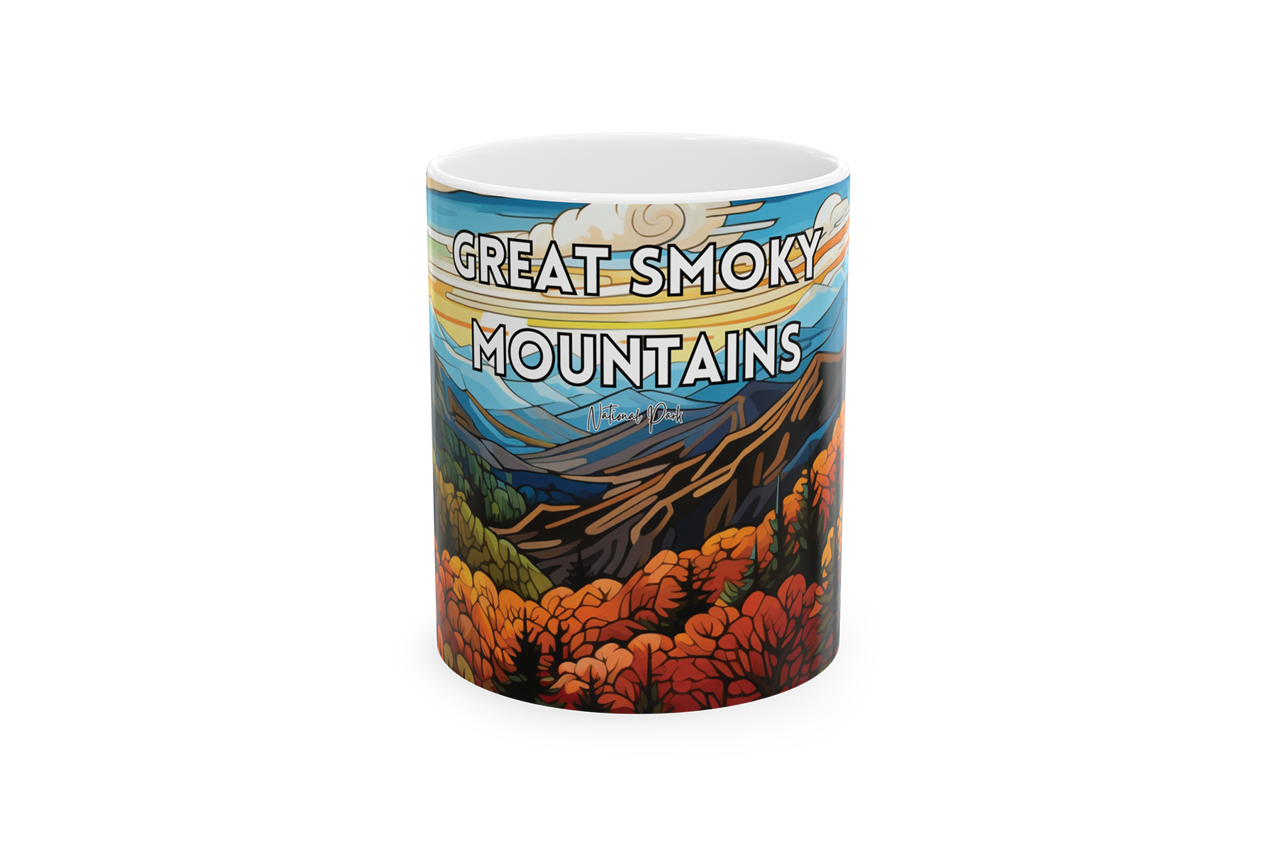 A colorful souvenir mug featuring a detailed illustration of the Great Smoky Mountains, with blue sky, clouds, mountain peaks, and vibrant autumn foliage.