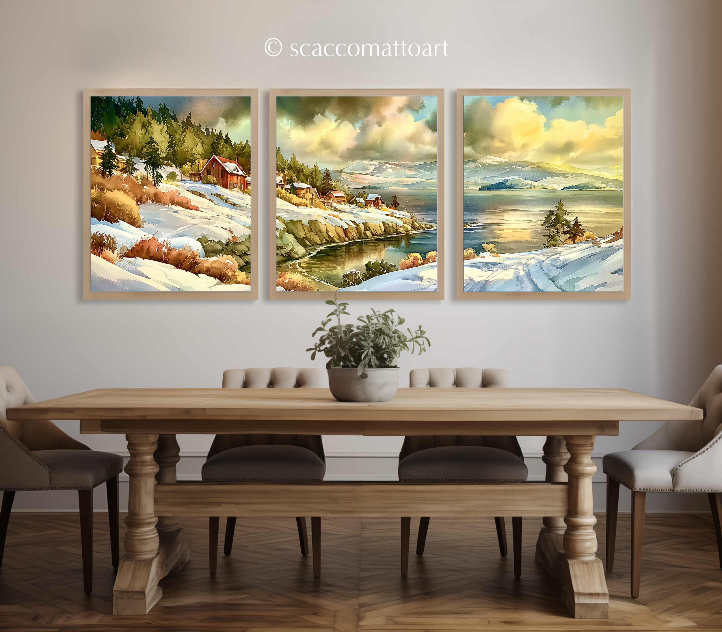 Three-panel San Juan Islands Washington watercolor wall art above a wooden dining table