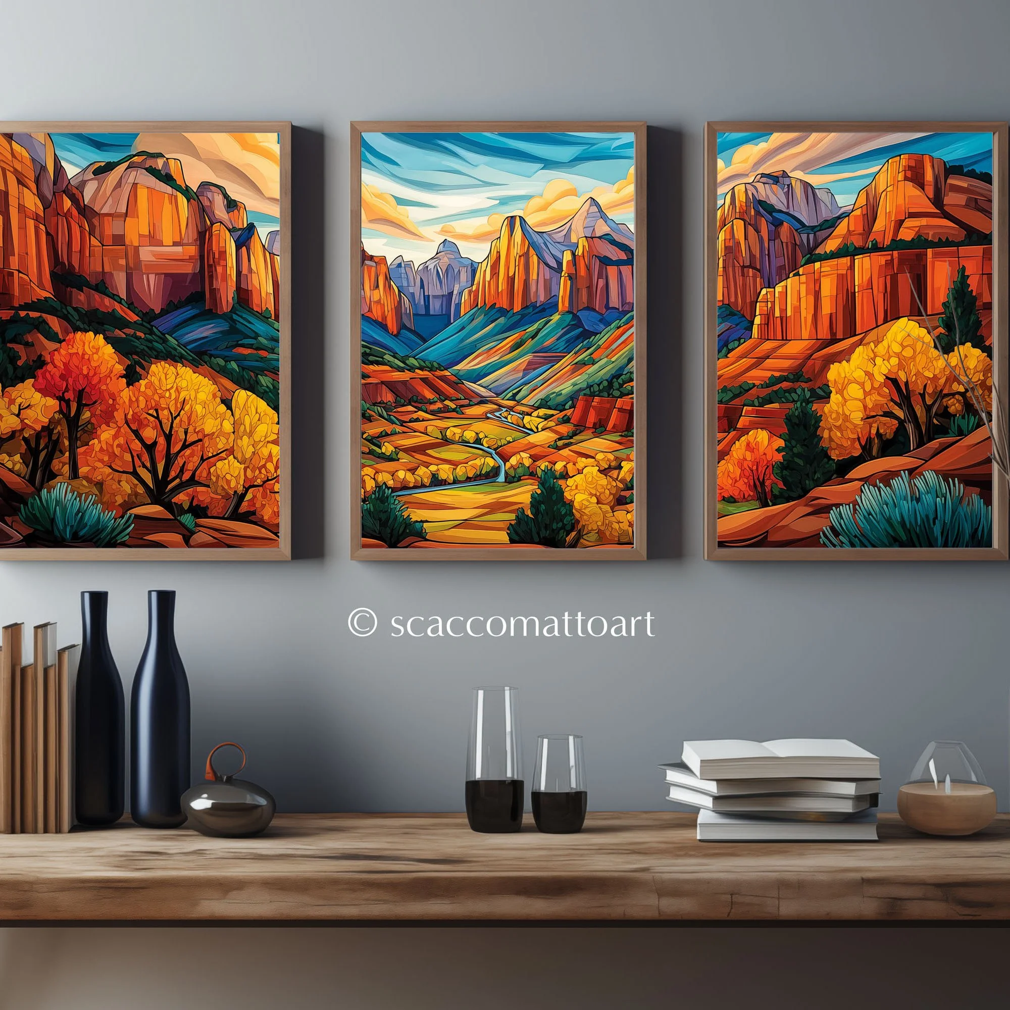 Kolob Canyons in fall abstract acrylic triptych wall art displayed above a console table, featuring red sandstone cliffs, golden trees, and a bright blue sky.