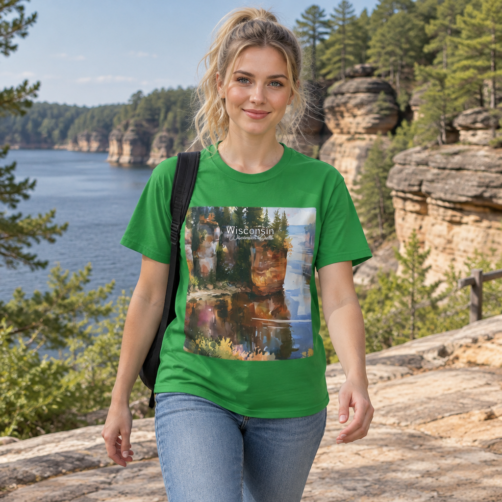 Woman in a green t-shirt with a Wisconsin watercolor print standing on a sandstone bluff above a river