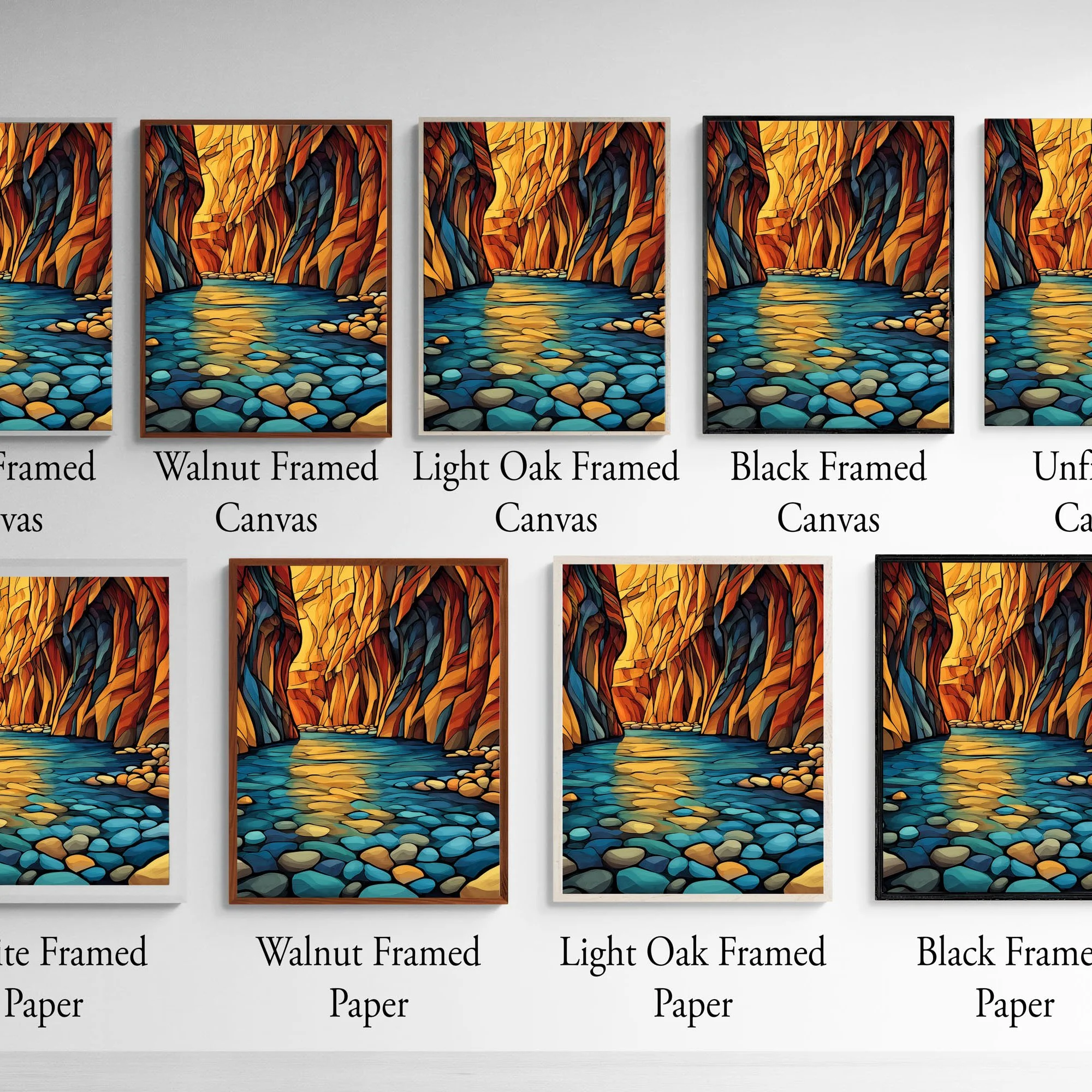 Frame and print material options for Zion National Park Zion Narrows Smooth Pebbles abstract acrylic wall art