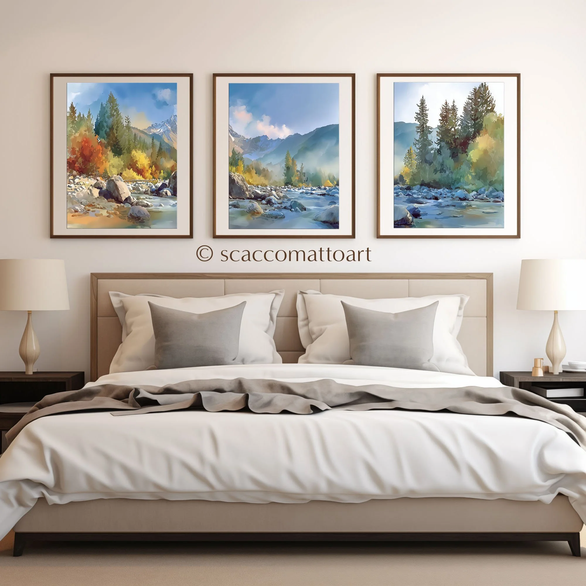 Mount Washington Olympic National Forest watercolor triptych wall art styled above a bed