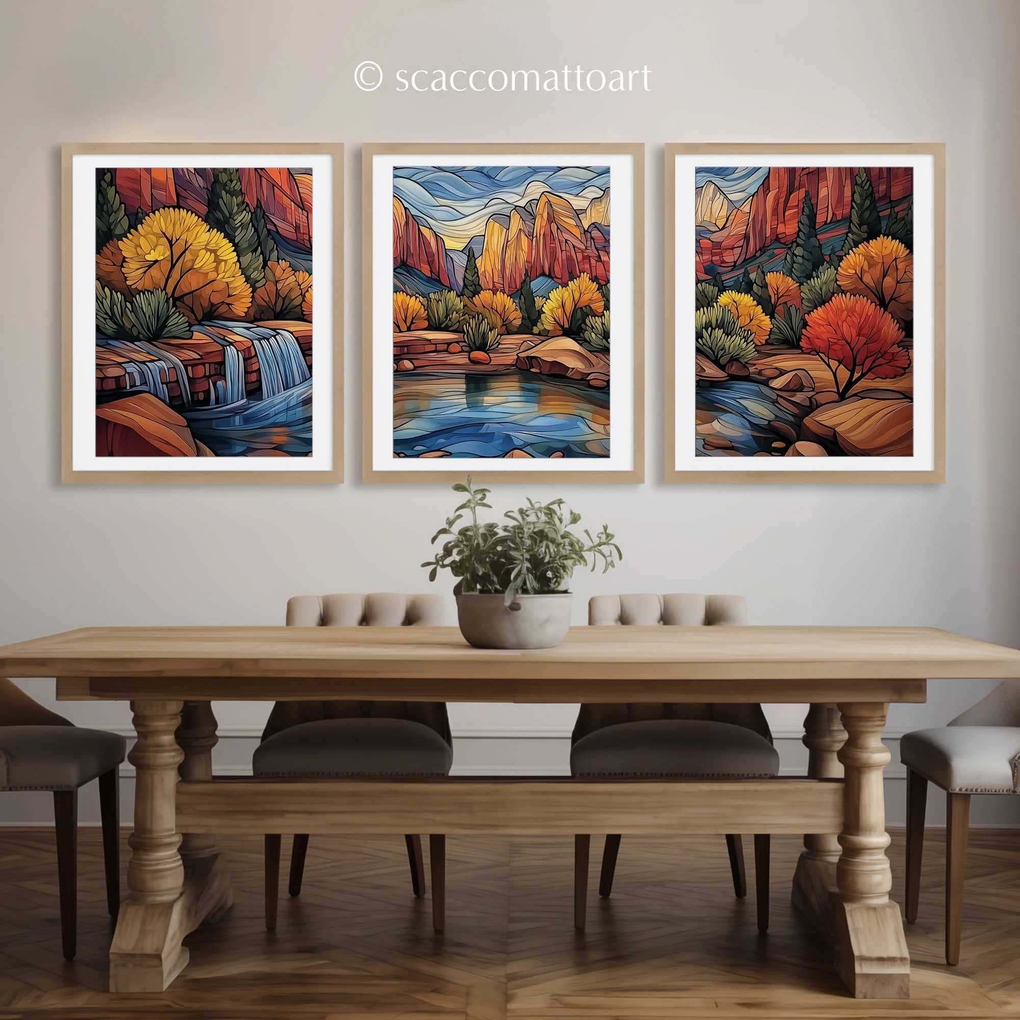 Zion National Park Emerald Pools abstract acrylic triptych framed above a wooden console table