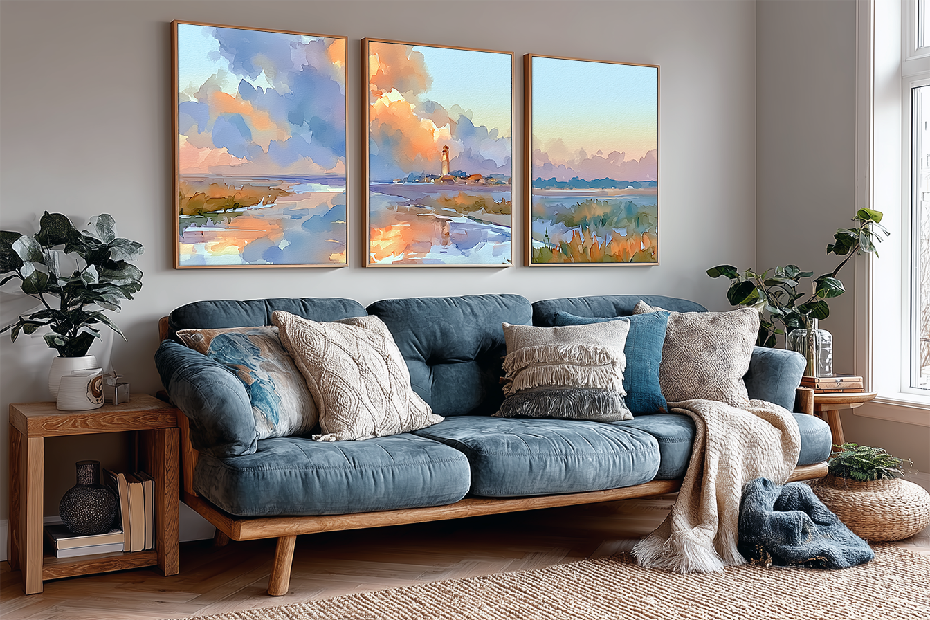 cape-hatteras-lighthouse-north-carolina-watercolor-triptych-wall-art-angle-living-room.webp
